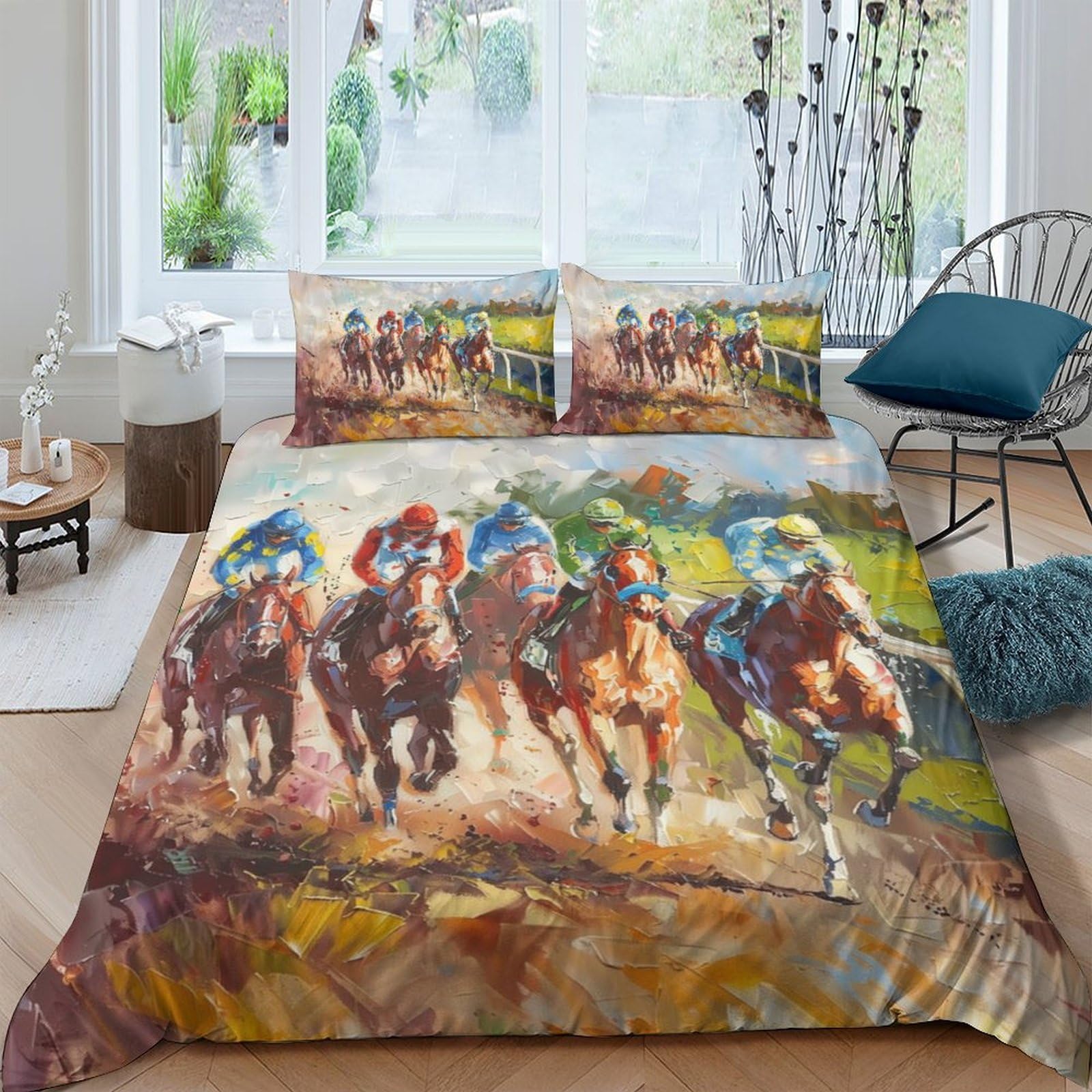 GPLZQXKJNH 3D Printed Horse Racing Duvet Cover Set Microfiber Soft Breathable with 2 Pillowcases Equestrian Bedding for Bedroom Home Decor Single（135x200cm）