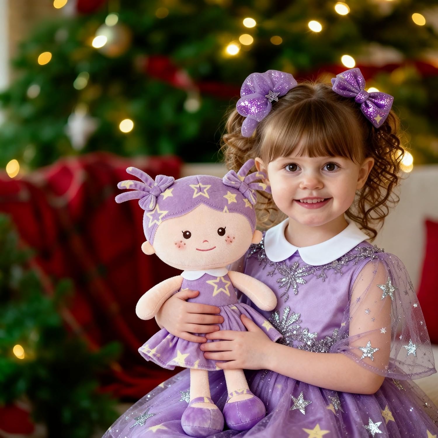 Onetoo Rag Doll Plush Baby Dolls Soft Baby Doll for Girls First Baby Doll Plush Sleeping Cuddle Buddy Doll Wear Star Purple Sleeveless Dress 14" - Image 3