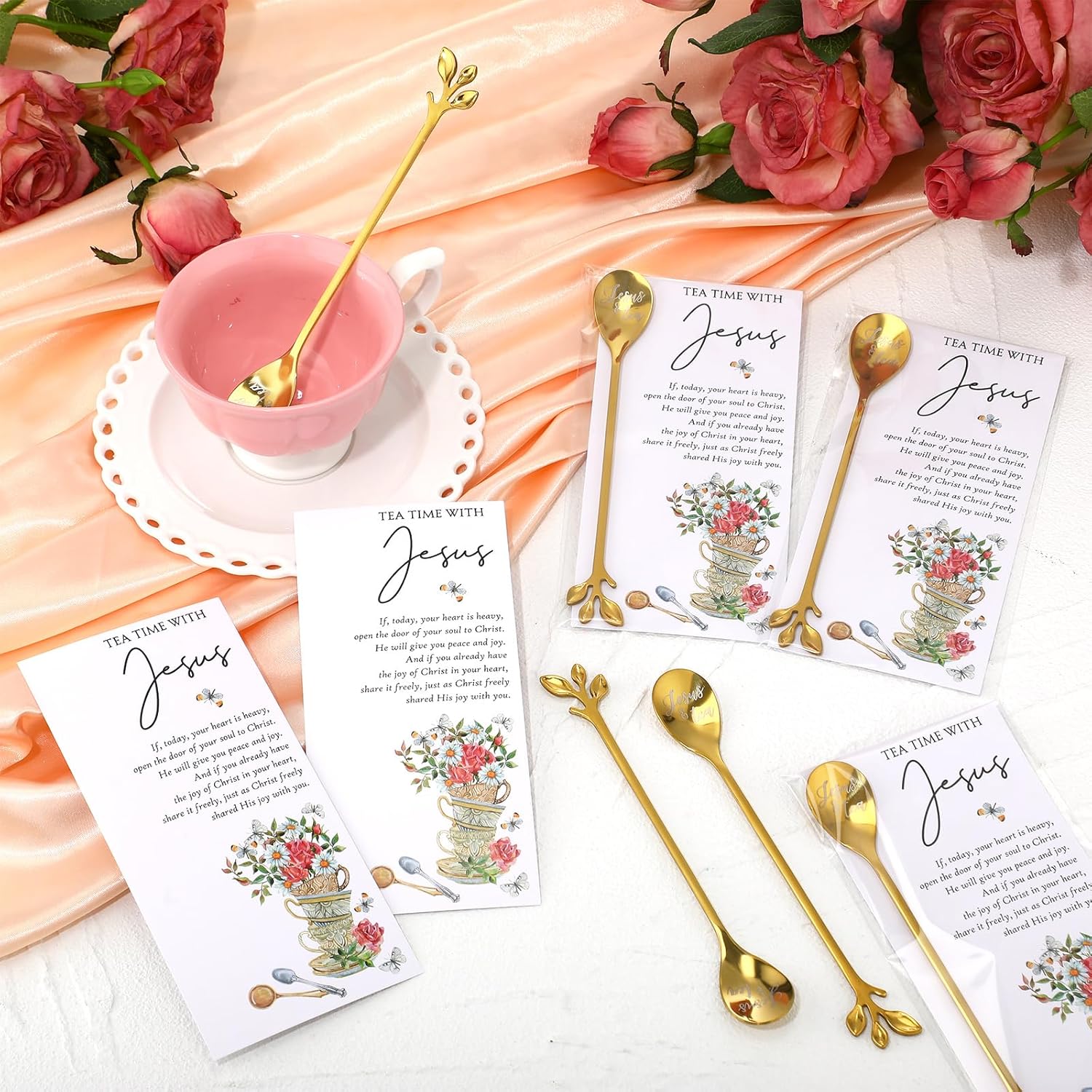 50 Sets Christian Tea Party Favors Jesus Teaspoons with Prayer Cards 6.5" Coffee Spoons Souvenirs for Tea Party Church Mothers Day Family Reunion Gifts, Gold