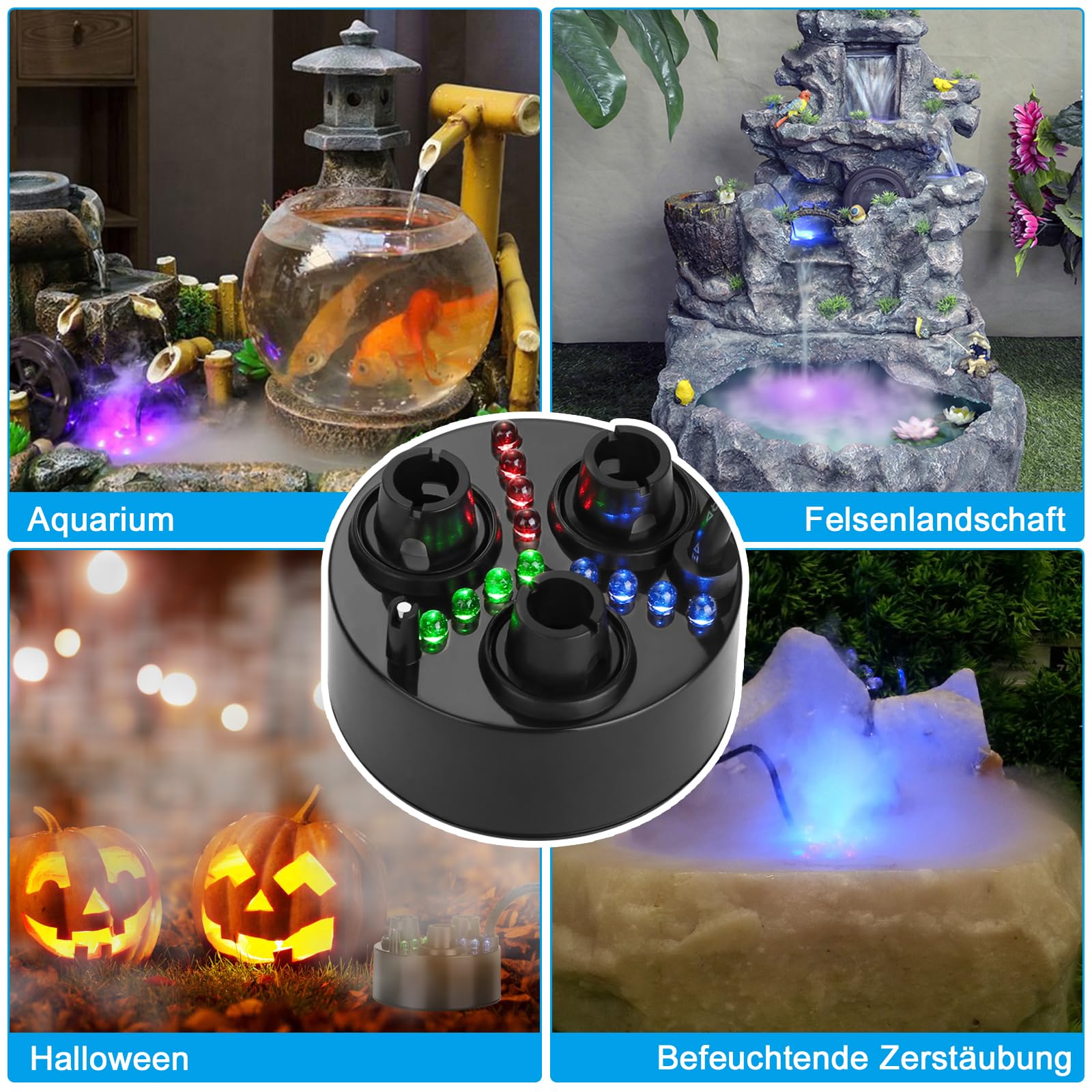 FITNATE Nebulizzatore a ultrasuoni a 3 teste per nebbia, nebulizzatore a ultrasuoni in plastica, con dischi di ricambio per fontana d'acqua, stagno, acquario, giardino roccioso, lavandino, 1500 ml/H