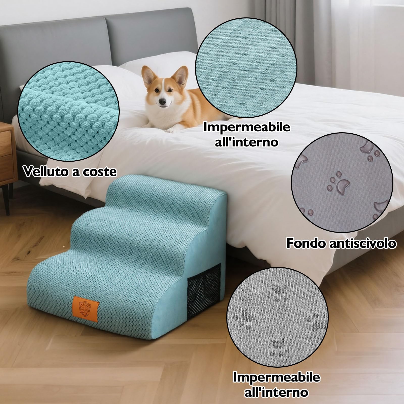 MASTERTOP Scale per Cani a 3 Gradini in Spugna, Scala Antiscivolo per Animali Domestici, Scaletta Spugna Ccuccioli per Divano Letto con Fodera Rimovibile e Lavabile (Blu islandese)