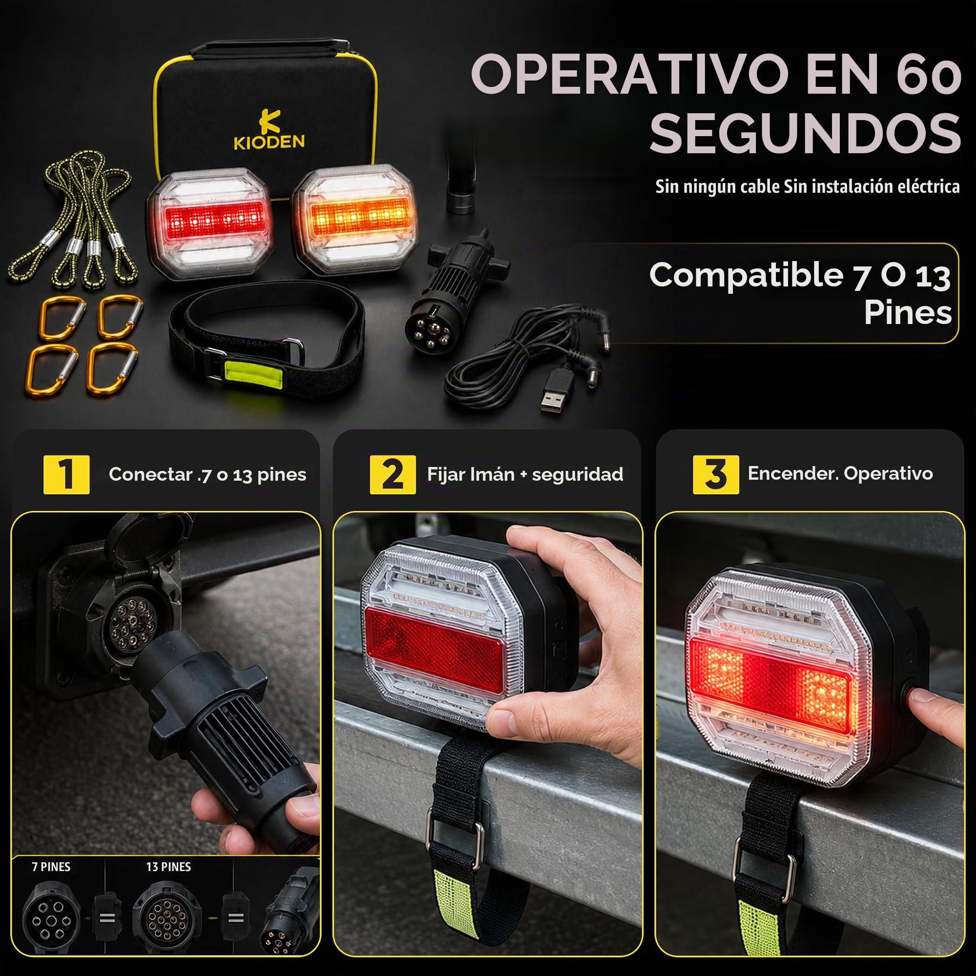 KIODEN Pilotos Traseros Remolque LED Inalámbricos, Fijación Magnética | Kit Luces Homologadas Recargables 10h IP65 12V, Adaptador Enchufe 7 a 13 Pines Incluido, Caravana, Anticaída