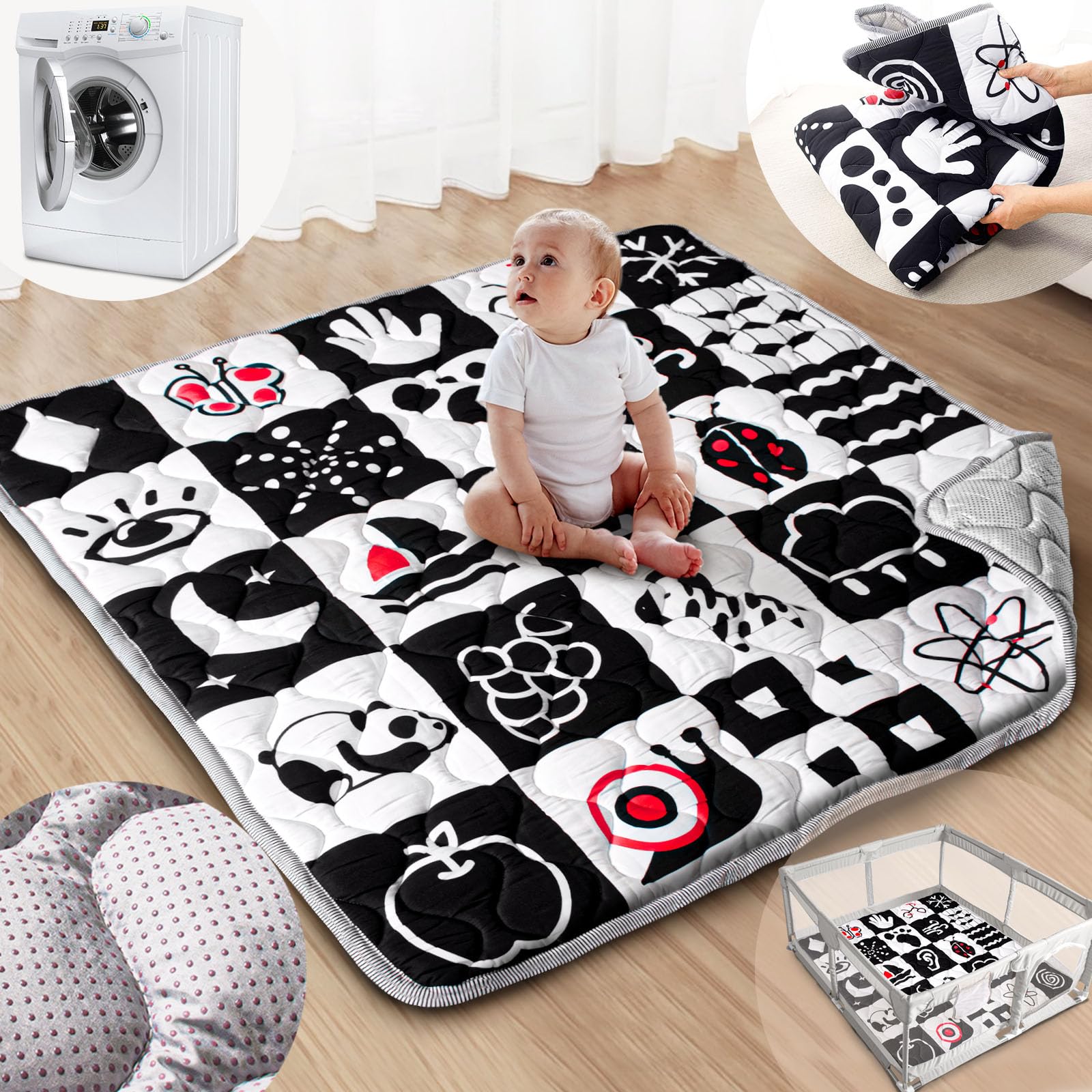 Beavtaens Baby Play Mats for Floor, Upgraded Thick Soft 50x50 Playpen Mat, Anti-Slip Bottom, Foldable and Machine Washable Playmat for Babies and