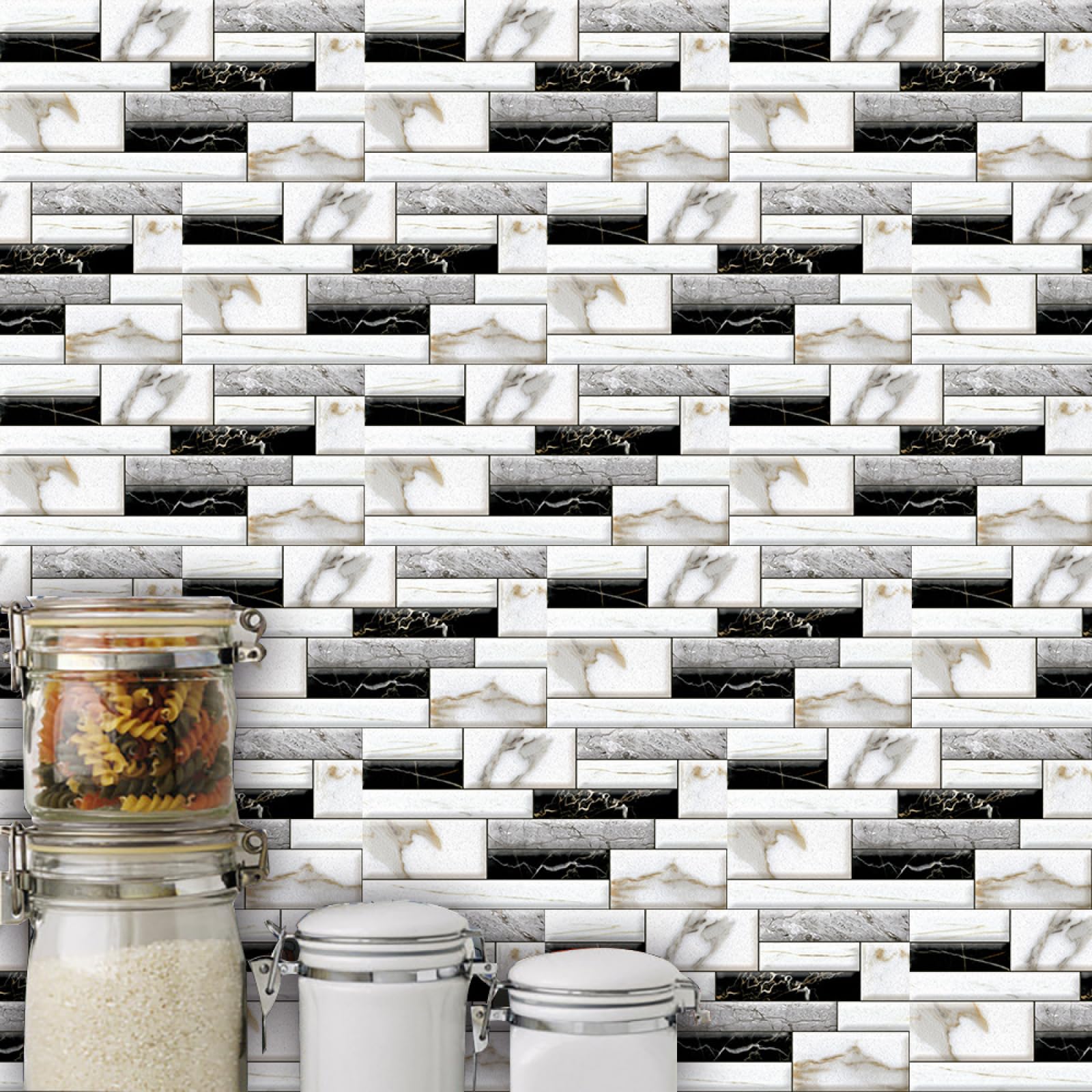 Adesivi per Piastrelle Effetto Marmo Bianco e Nero, autoadesivi, in PVC, Resistenti, Rimovibili, per Bagno, Pavimento, Cucina, Parete, Impermeabili, antiolio, 15x30 cm/30 Pezzi
