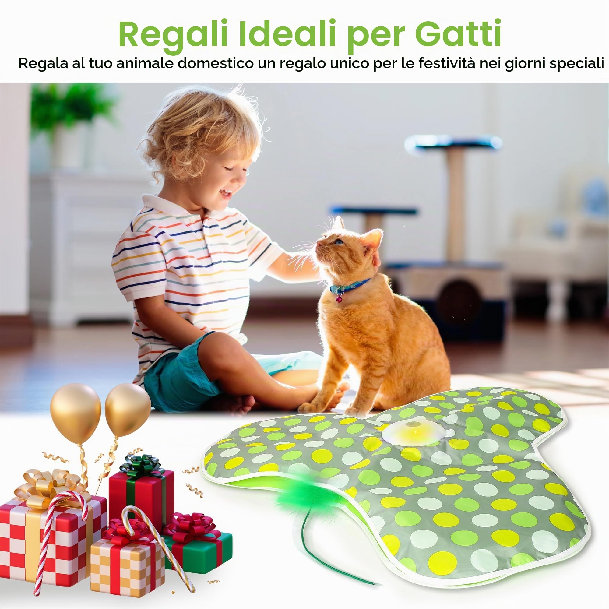 Giochi per Gatti Interattivi, Gioco Gatto in Casa, Gioco per Acchiappare i Topi, con Piume Rimovibili, Modalità Standby Automatica, Giocattolo per Gatti Ricaricabile Tramite USB (Verde)