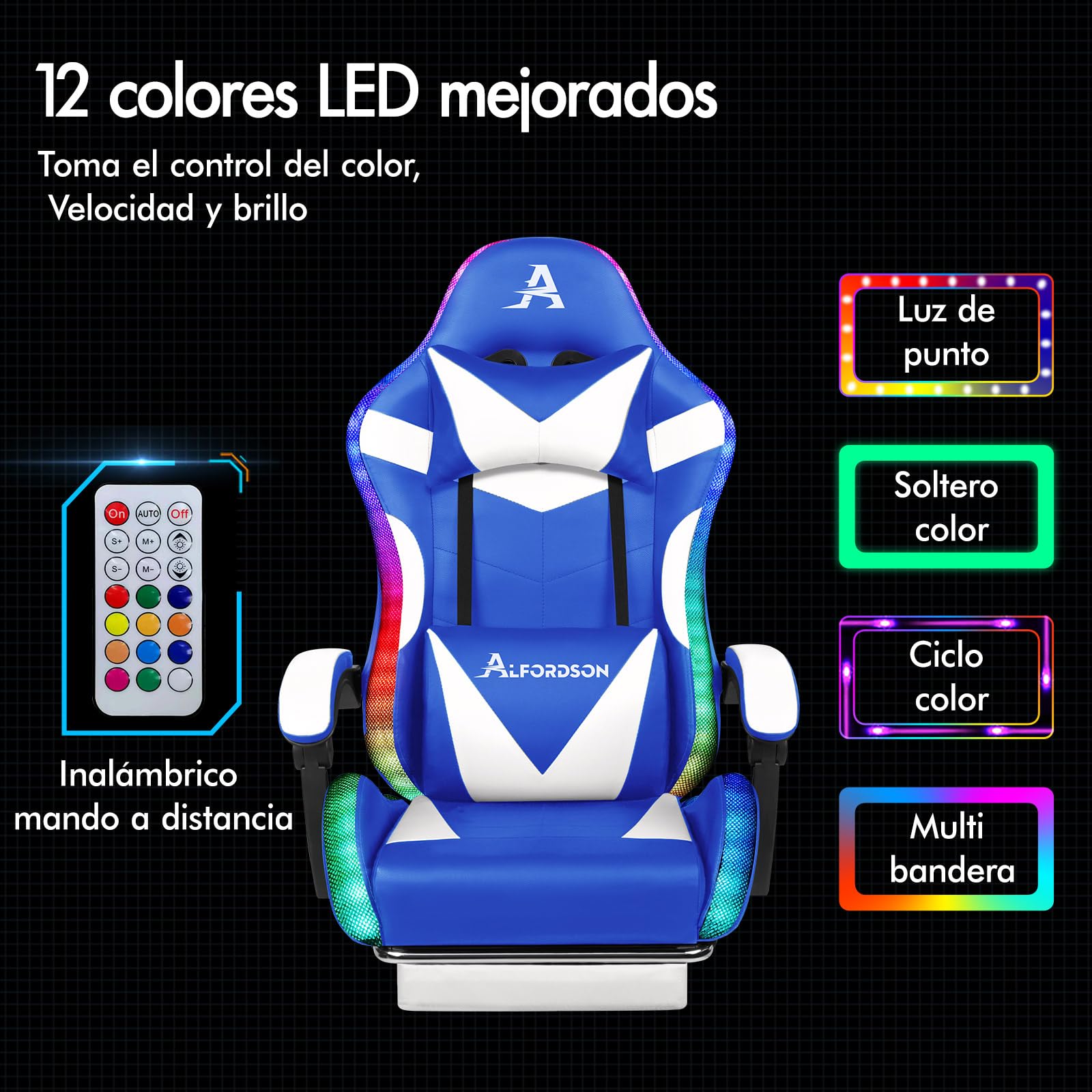 ALFORDSON Silla Gaming con masajeador y LED, Silla ejecutiva ergonómica de Oficina con reposapiés, Sillas Gamer para Oficina y Juegos con Iluminación RGB, Polipiel, Azul y Blanco