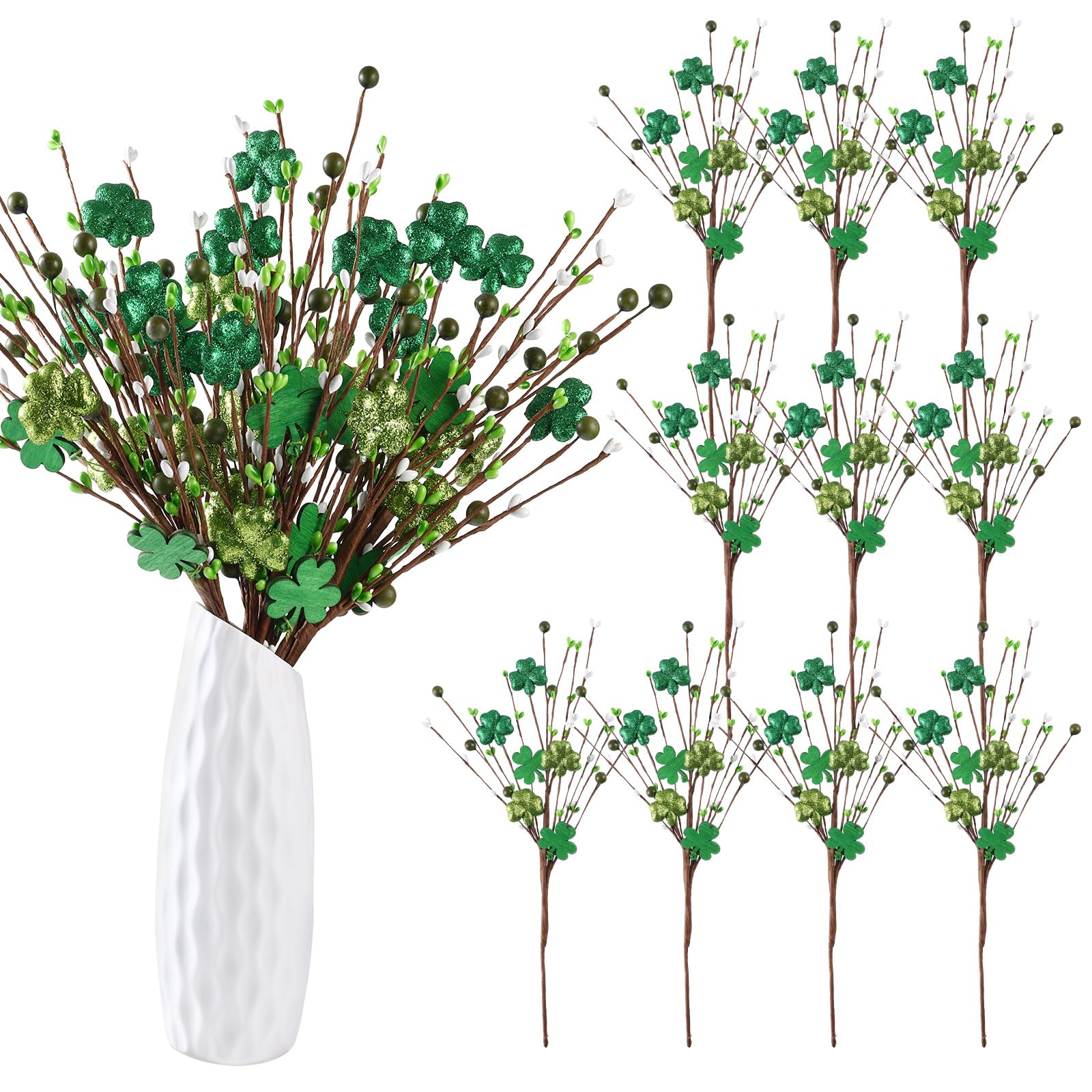 ZJoey 10 Pcs St.Patricks Day Artificial Plants Berry Stems 16 Inch Artificial Flowers Twig Stem Fake Floral Bunch Decorations for Irish Vase Bouquet and DIY Craft(St.Patricks Picks B)
