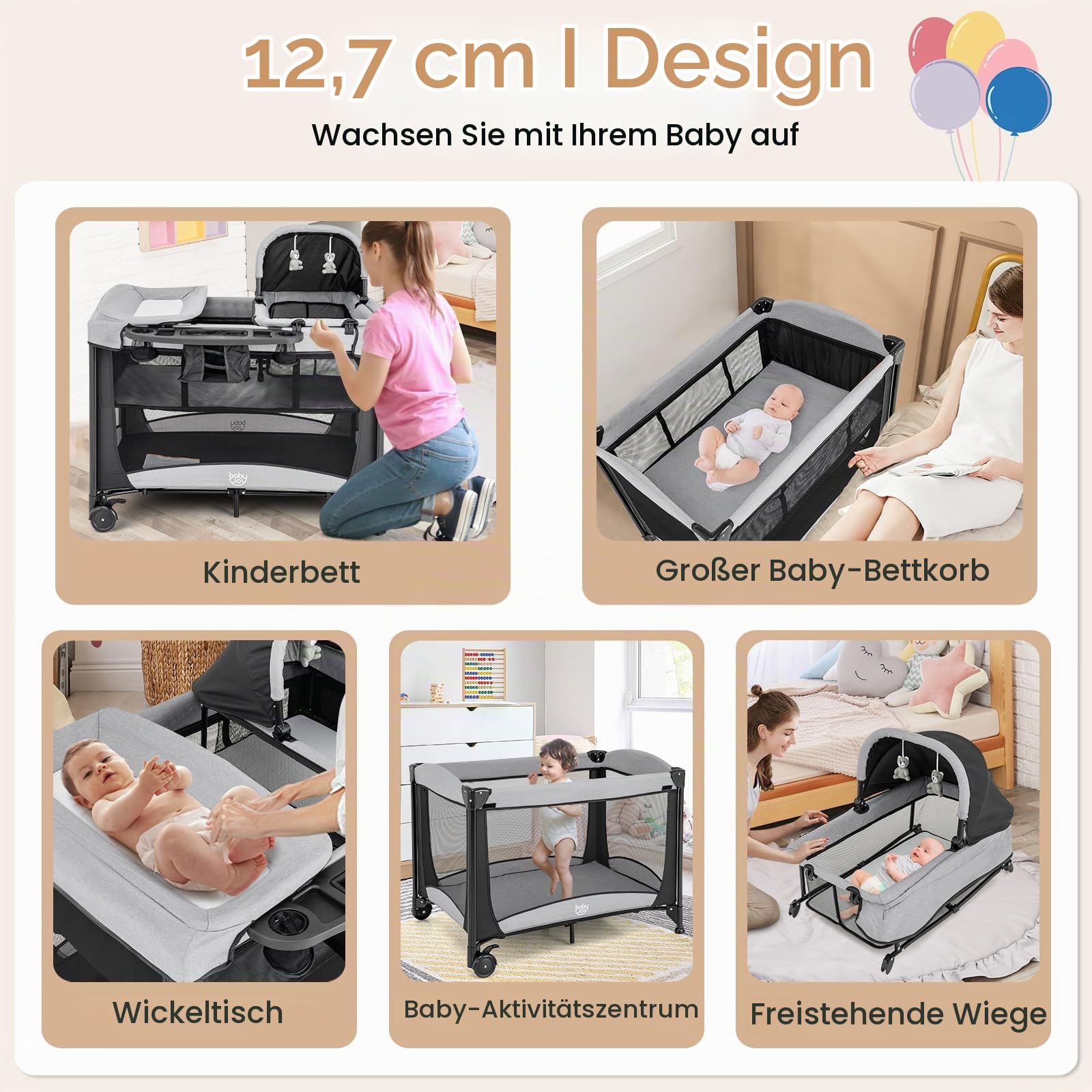 FANTASK 5 in 1 Faltbares Reisebett, Faltbares Babyreisebett mit Wickelauflage Verdickte Matratze, 2 Ebenen Kinderreisebett mit Tragetasche, 15kg belastbar (Schwarz)