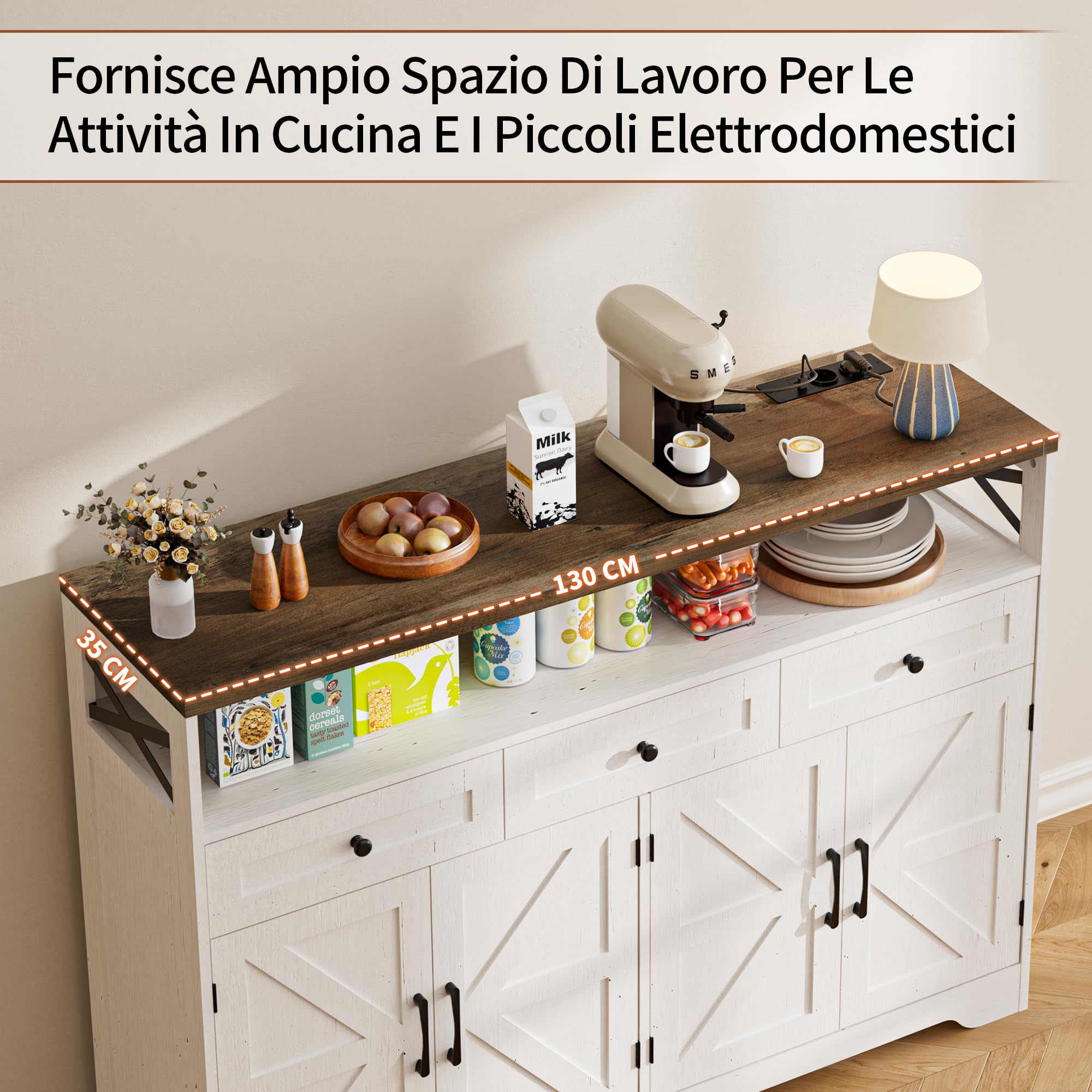 BonVache Credenza, credenza con cassetti, credenza con scaffali aperti, per cucina, sala da pranzo, soggiorno, 130 x 35 x 95 cm, bianco