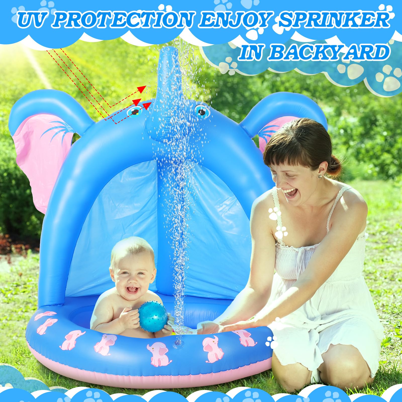 Relaxgiant 47 Inches Baby Pool with Canopy Elephant Inflatable Baby Swimming Pool with Soft Floor Bottom and Built in Sunshade Water Sprinkler for Kids Outdoor Indoor Game Play Center