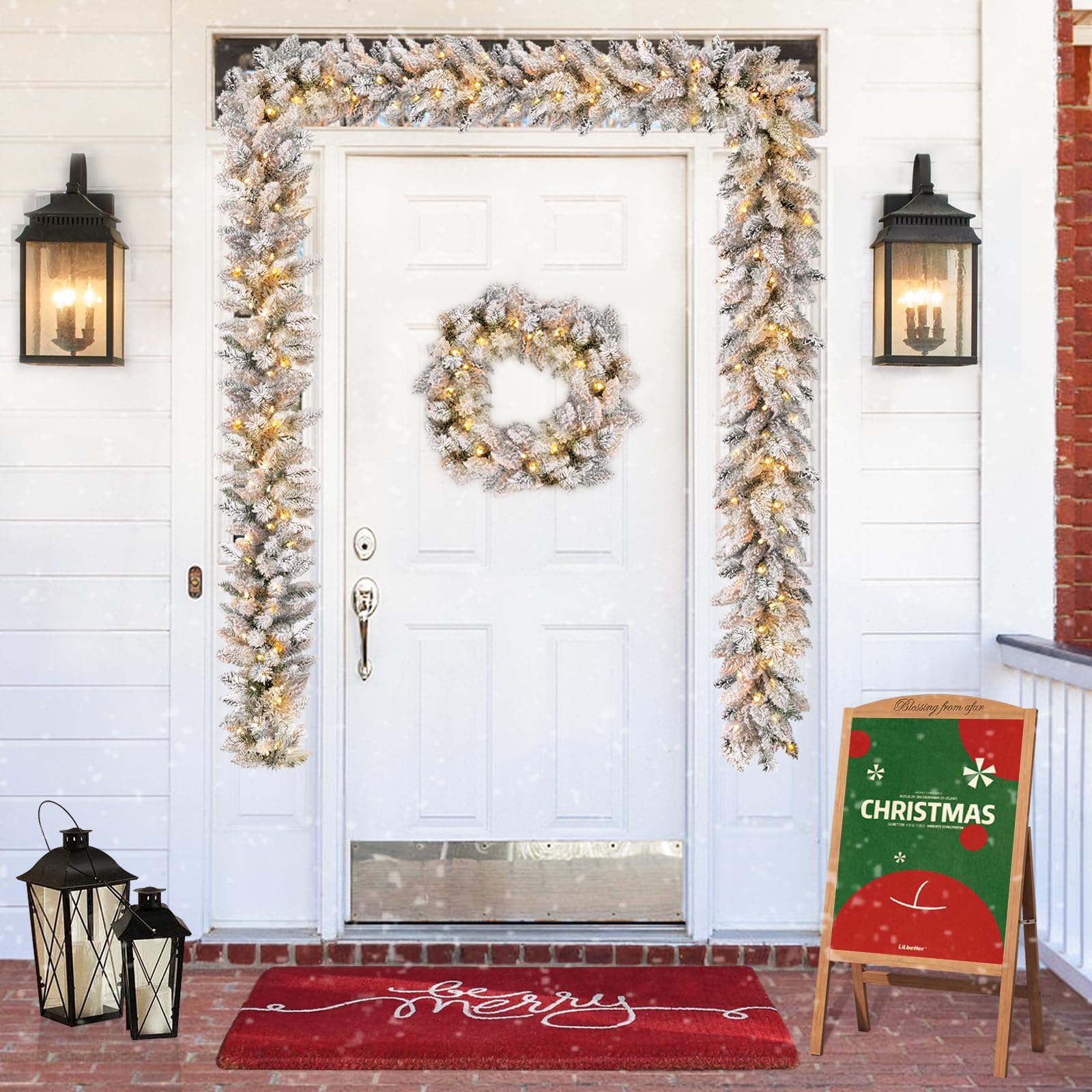 KOIUEYW Guirlande de Noël artificielle à paillettes avec LED chaudes pour cheminée, escaliers, décoration de fête en plein air, neige floquée - 2,7 m