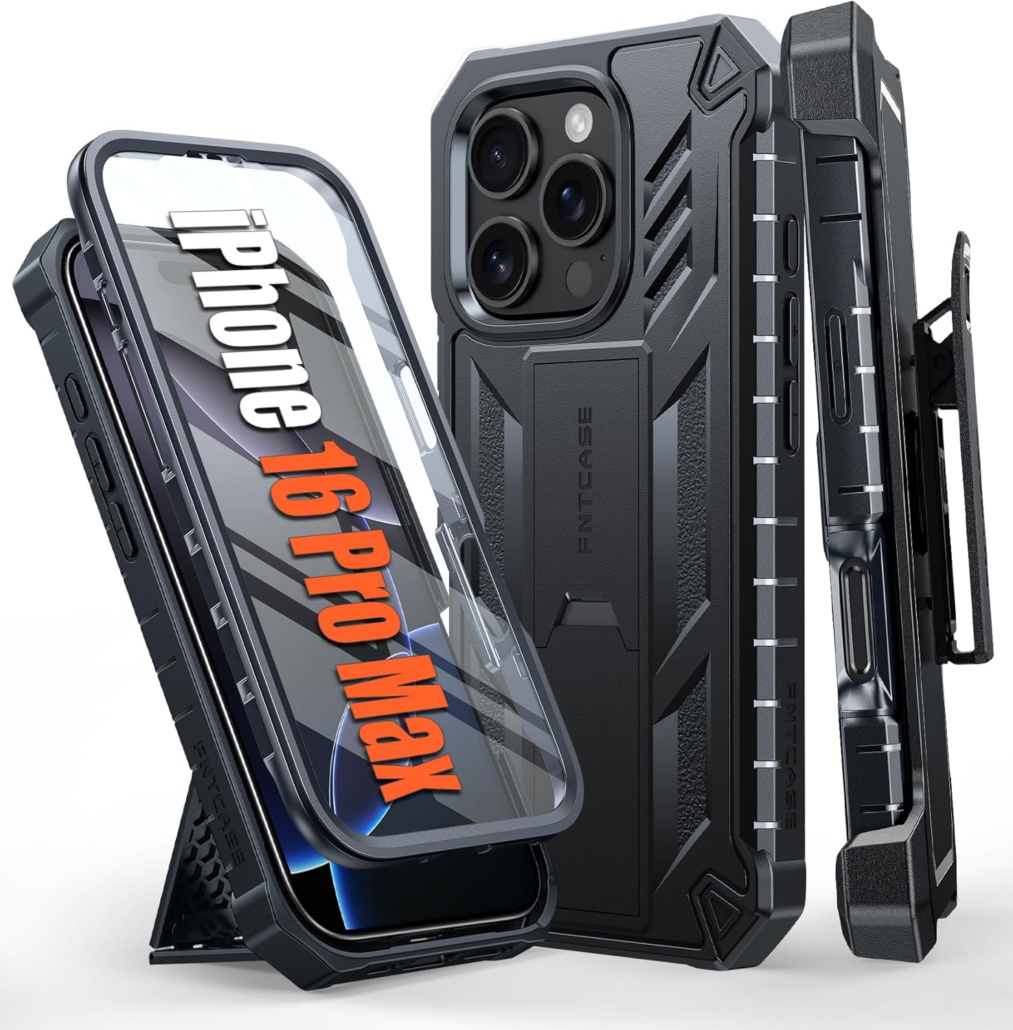 FNTCASE for iPhone 16 Pro-Max Case: Military Grade Rugged Cell Phone Cover with Kickstand & Holster | Shockproof TPU Protection Bumper Matte Textured Design | Heavy Duty Protector(Black) for iPhone 16 Pro Max (6.9 inch) T-Black