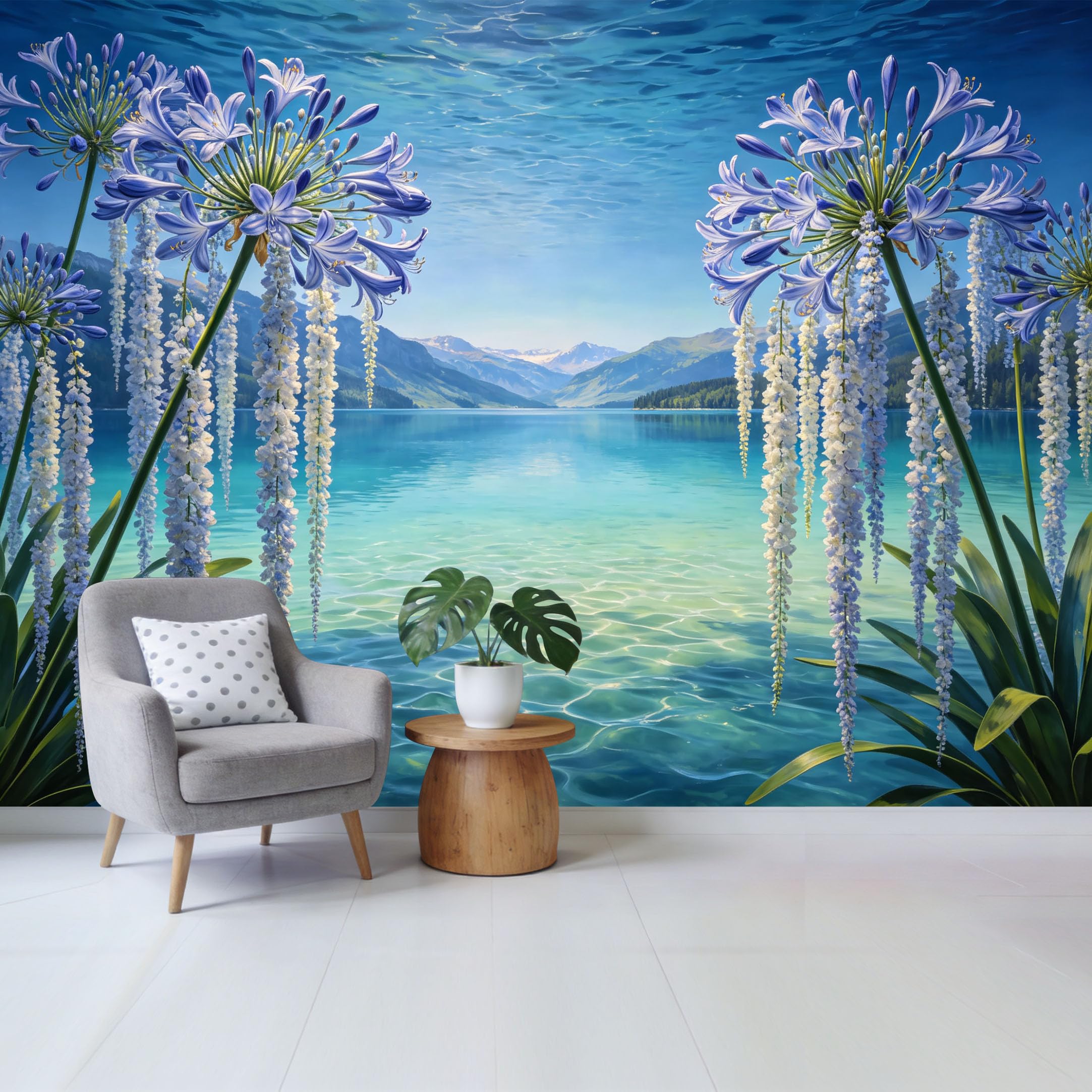 Qzlithotic Yq2605250538 Custom Size Wall Mural Blue Agapanthus Flower Mountain Lake Landscape Botanical 3D Trompe L'oeil Selfadhesive Wall Fabric Removable Wallpaper For Home Office Decor