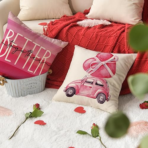 Miniatura 5 de AVOIN colorlife Juego de 4 fundas de almohada para el día de San Valentín besos abrazos Better Together de 16 x 16 pulgadas corazones y camión