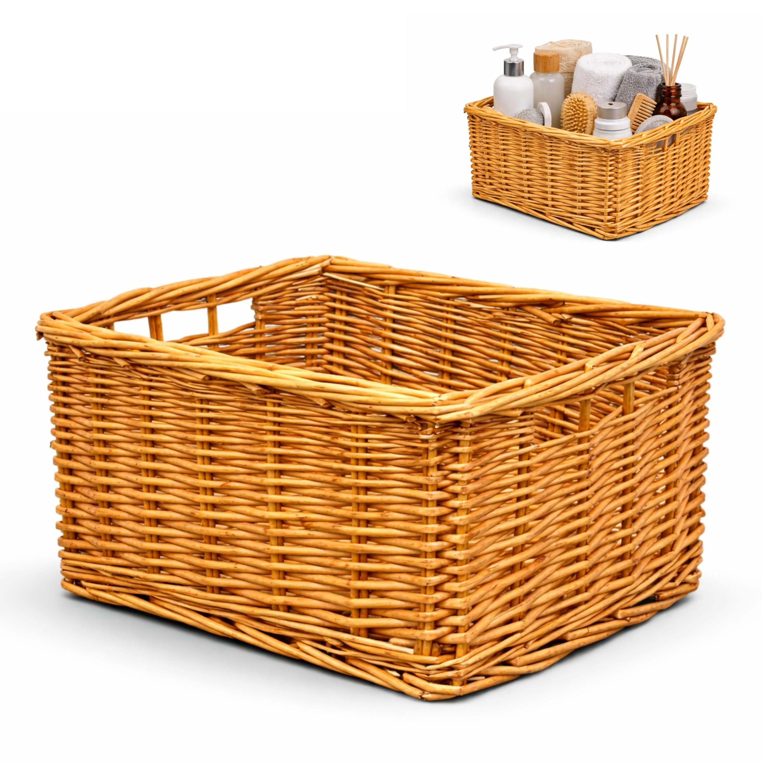 Adeptna Natural Rectangular Wicker Storage Basket With Handles – Handwoven Willow Small Storage Organiser (29 X 23 X 15.5 Cm) – Rustic Bathroom, Bedroom, Kitchen Storage Box For Toiletries, Accessories & Home