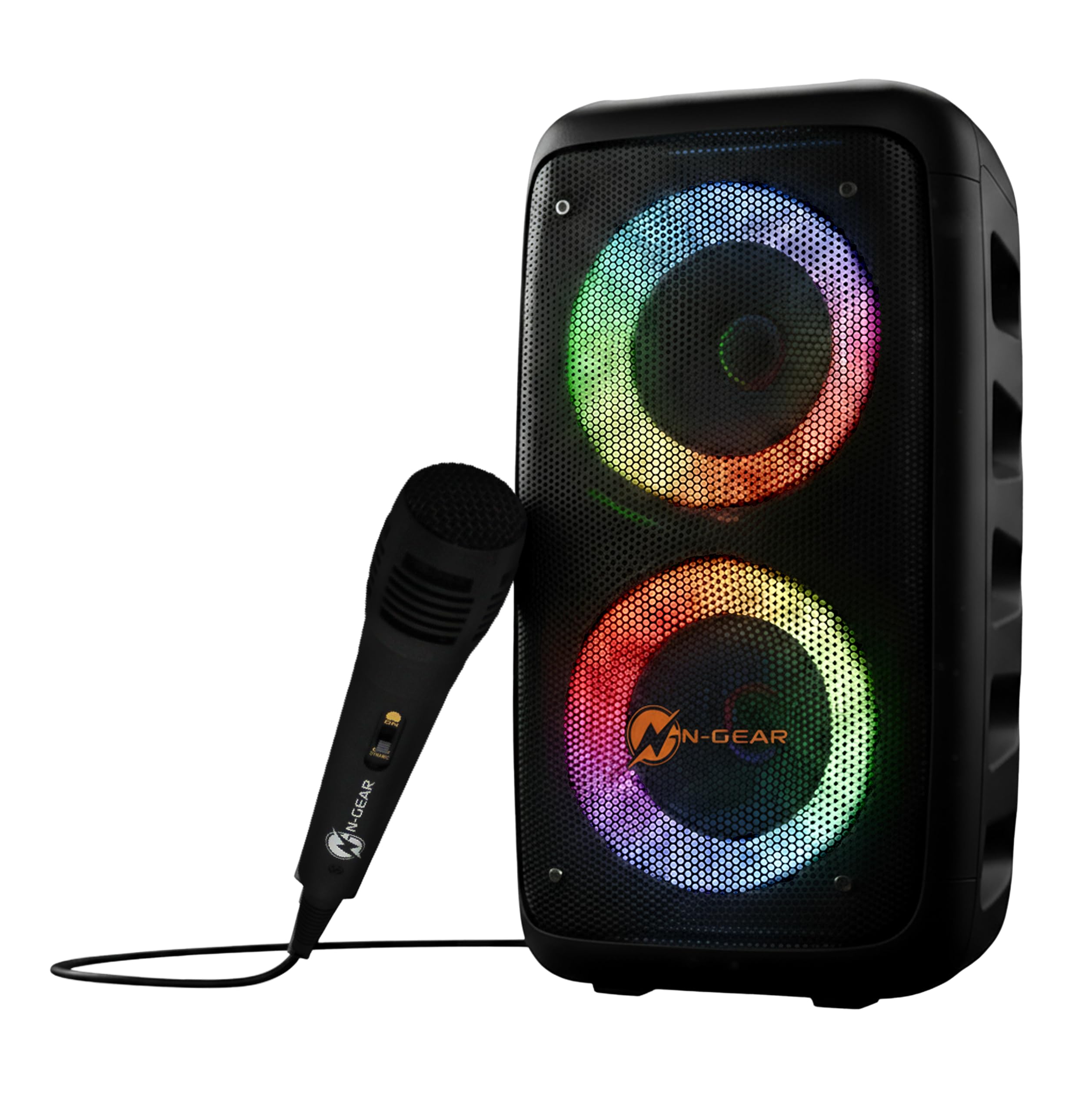 N-Gear Let's Go Party 23M Bluetooth Lautsprecher mit 100W Leistung, 2X 3 Zoll Speakern, RGB LED Beleuchtung und Kabel-Mikrofon. Tragbare Karaoke Anlage für Mobile Feiern und musikalische Events