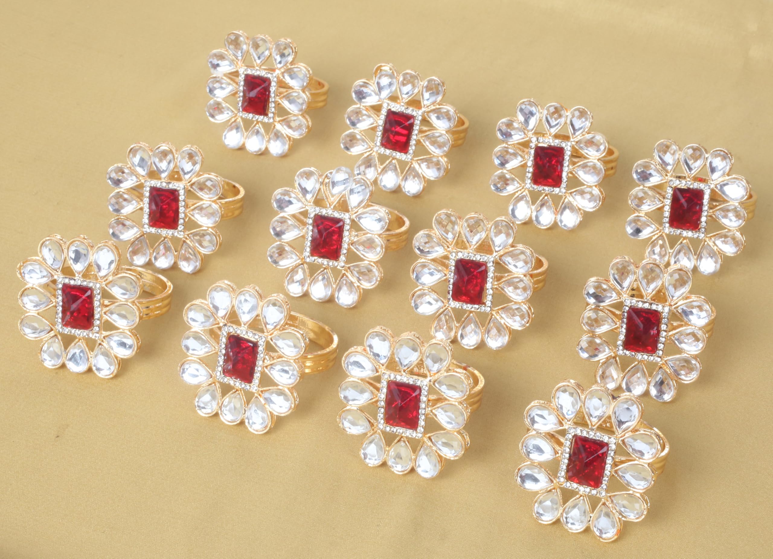 Lot de 12 magnifiques ronds de serviette faits à la main - Motif floral - Strass de couleur dorée - Pour fête, table à manger