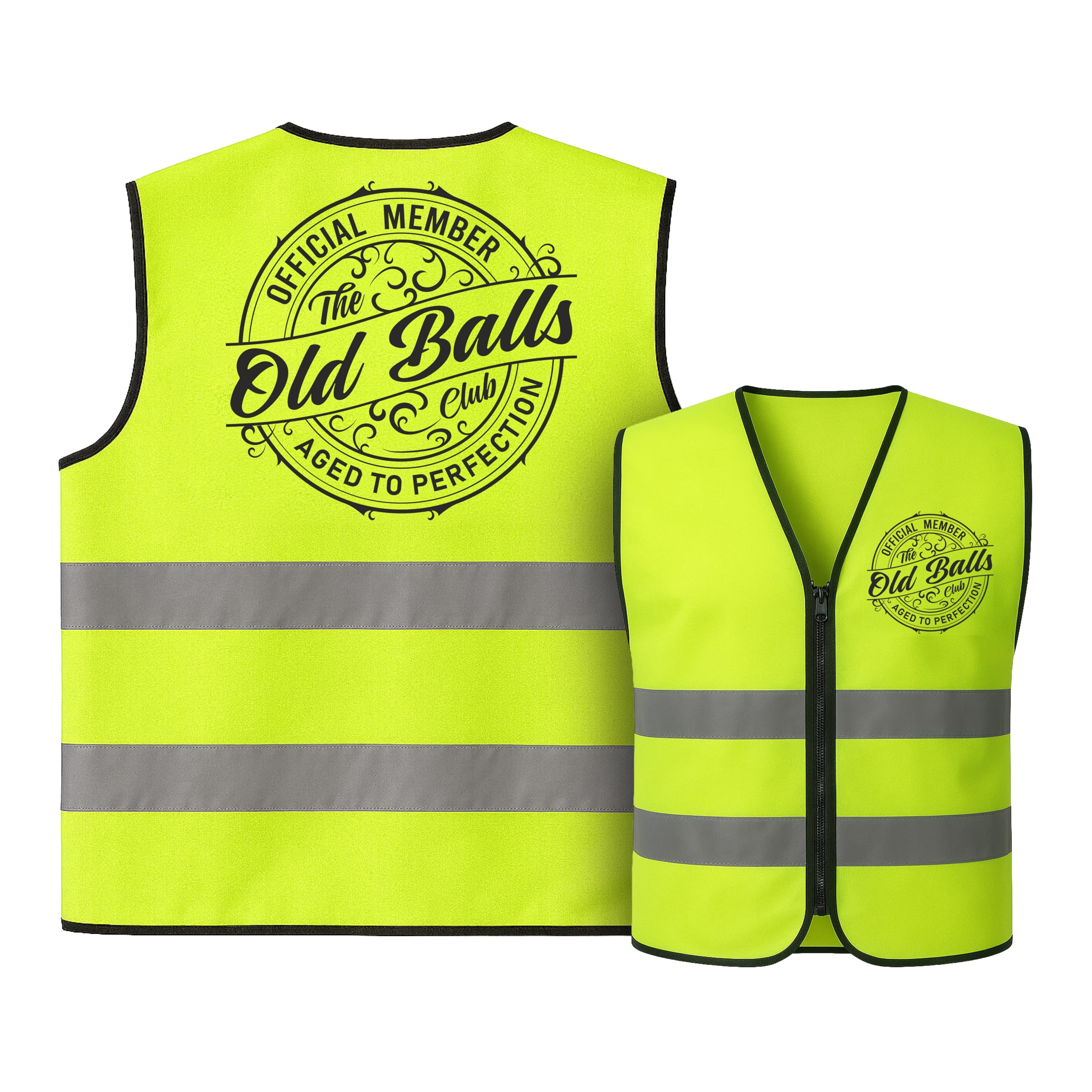 CROWNLY CRYSTAL® Old Balls Club Hi Vis Vest – Funny Safety Vest for Men – Retirement Gag Gift – Birthday Novelty for Him – Neon Reflective Gear – Aged to Perfection Design
