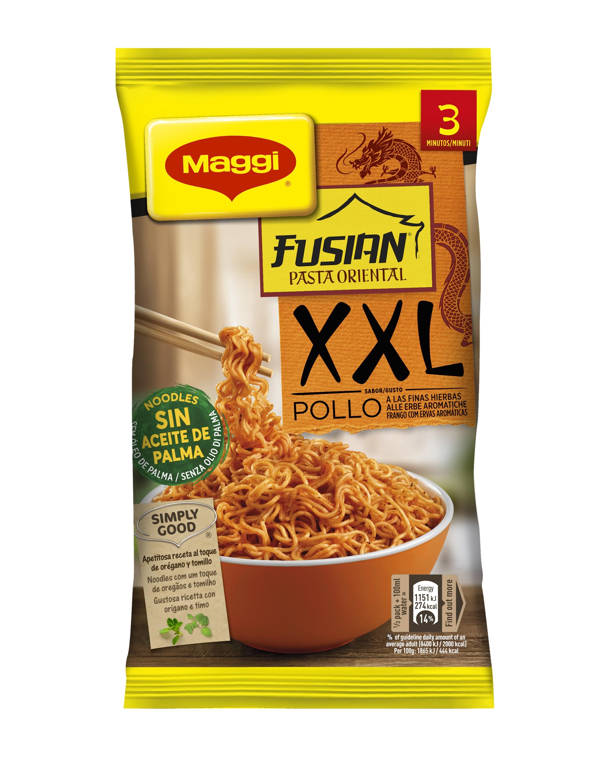 MAGGI Pasta Oriental XXL Pollo - Noodles de trigo Sin Aceite de Palma - Pack de 10 x 185g | Listos en 3 minutos