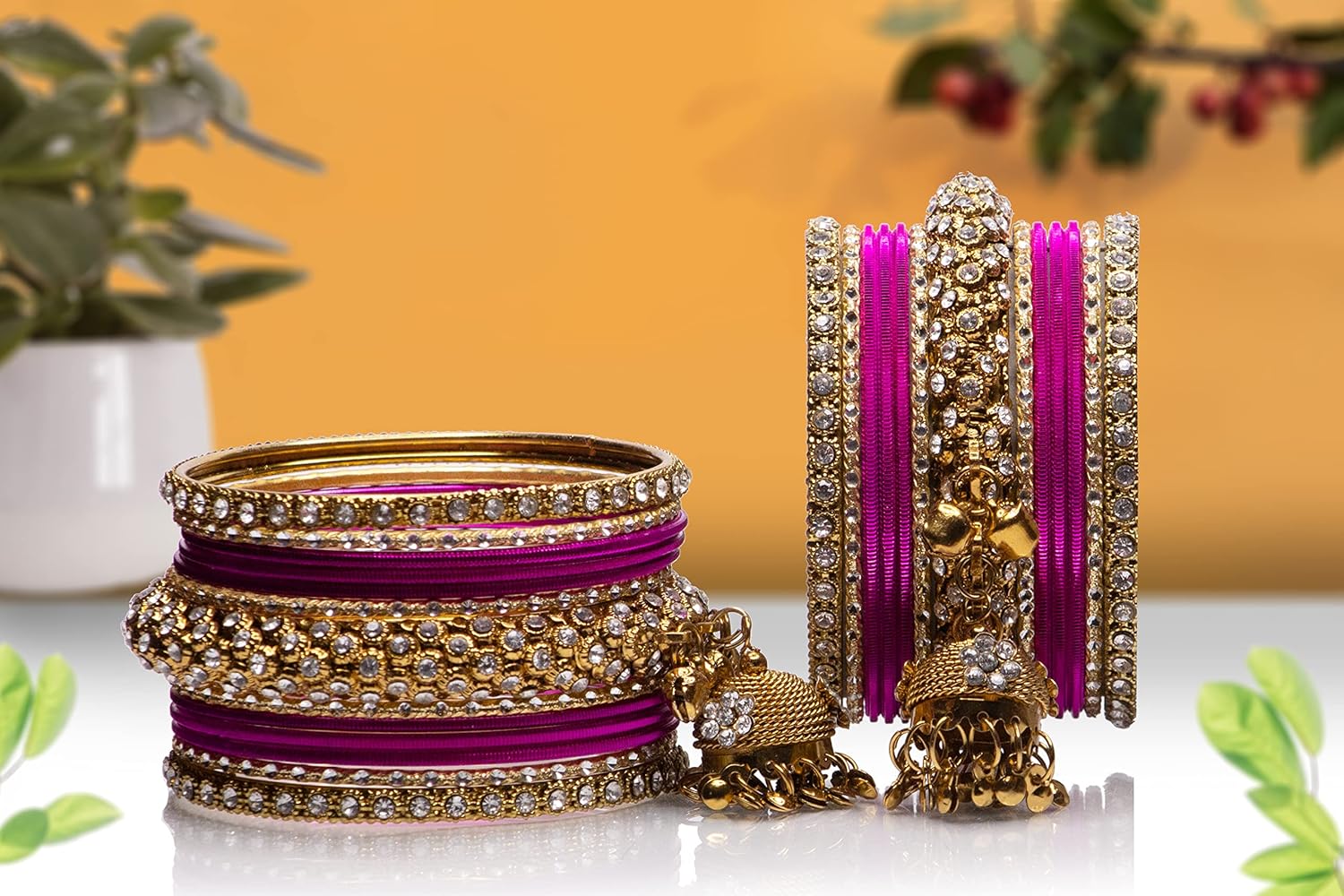 RUPIKA Ethnic Indian Bangle Set for Women | Antique Gold Polished Kade with Stone Work & Hanging Latkan | Coloured Traditional Bangles for Wedding, Festivals, Party & Special Occasions