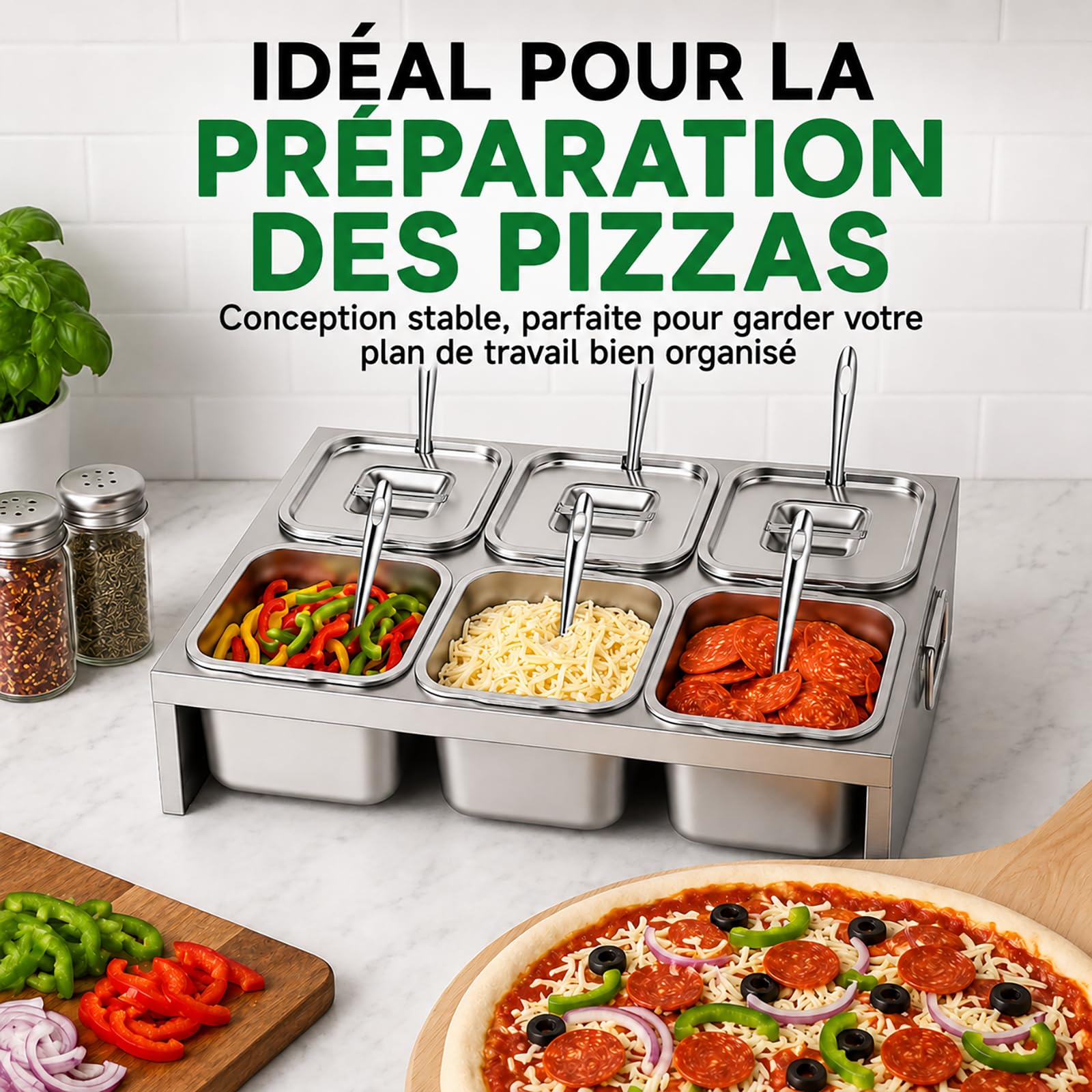 Bac Gastro Inox 6 x 2 L avec Couvercle et Cuillère – Boîte Inox Alimentaire pour Pizza, BBQ, Sauces & Légumes – Récipient Professionnel pour Cuisine, Restaurant & Traiteur