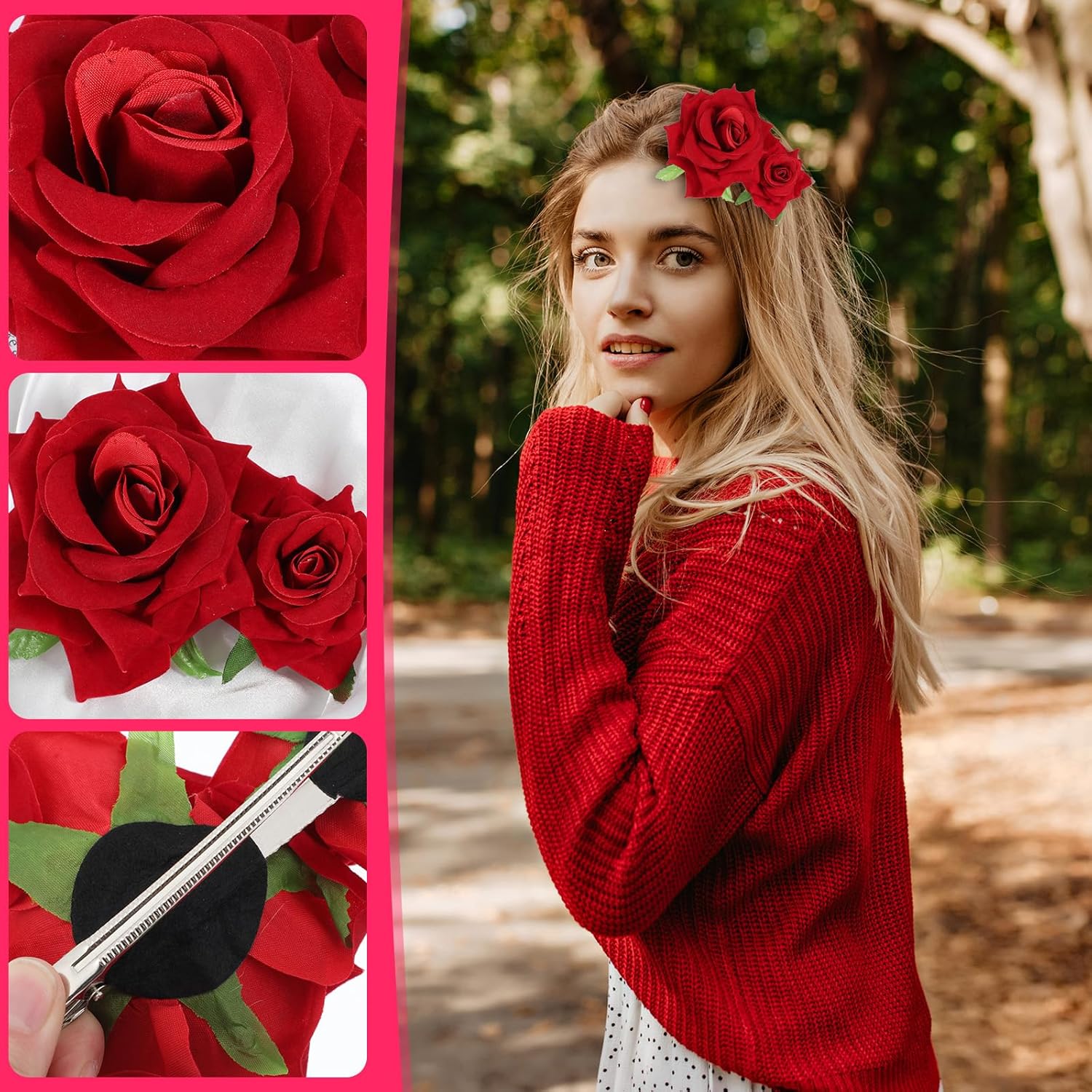 Rose Hair Clip, Rose Brooch Floral Clips Flower Flannel Elegant Hairpins Fabric Rose Hair Flowers Barrettes Prom Party Wedding Bridal Hair Accessories Headpieces for Women Girls Party Wedding (Red) - Image 4