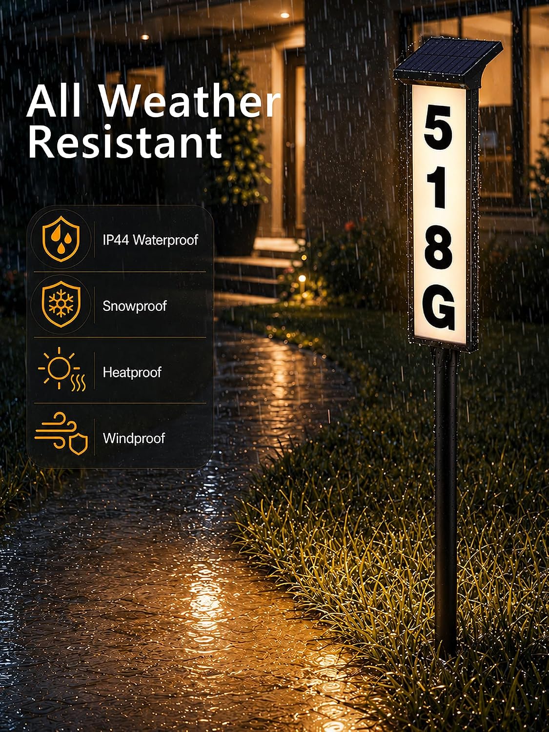 ODEETRONIC Solar Address Sign for Outside, 3 Colors LED House Number Light | Waterproof; 12+ Hours dusk to dawn; Solar Powered; Adjustable height stake; Illuminated plaque for exterior yard home street