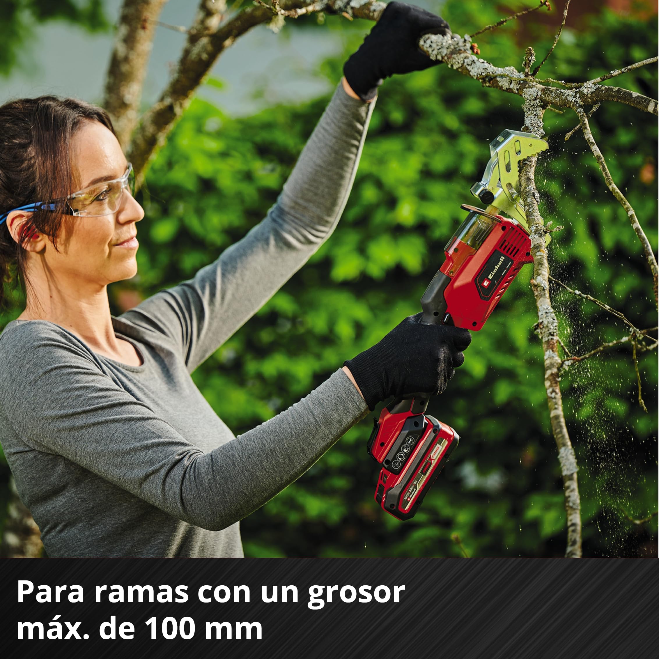 Einhell Sierra de ramas con batería GE-GS 18/150 Li-Solo Power X-Change (18V, 100mm espesor de corte máx, 20 mm altura carrera, estribo de rama desmontable, incl. 2 hojas de sierra, sin batería)