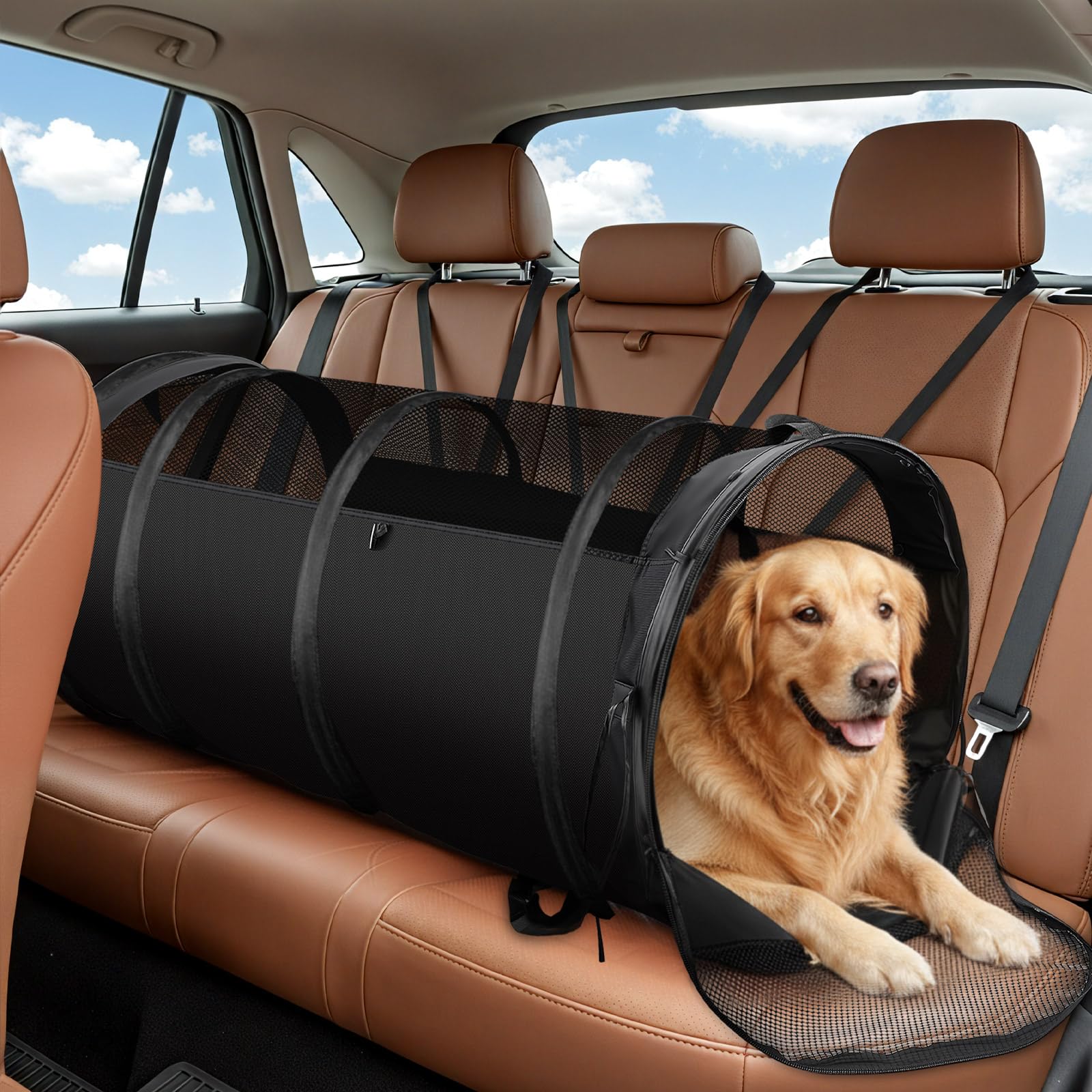 abbylike dog crate for car, pet travel tube car crate large kennel, pet containment barrier mesh tube with seat belt storage bag, 47" x 24" soft cage for large medium dogs long travel trips