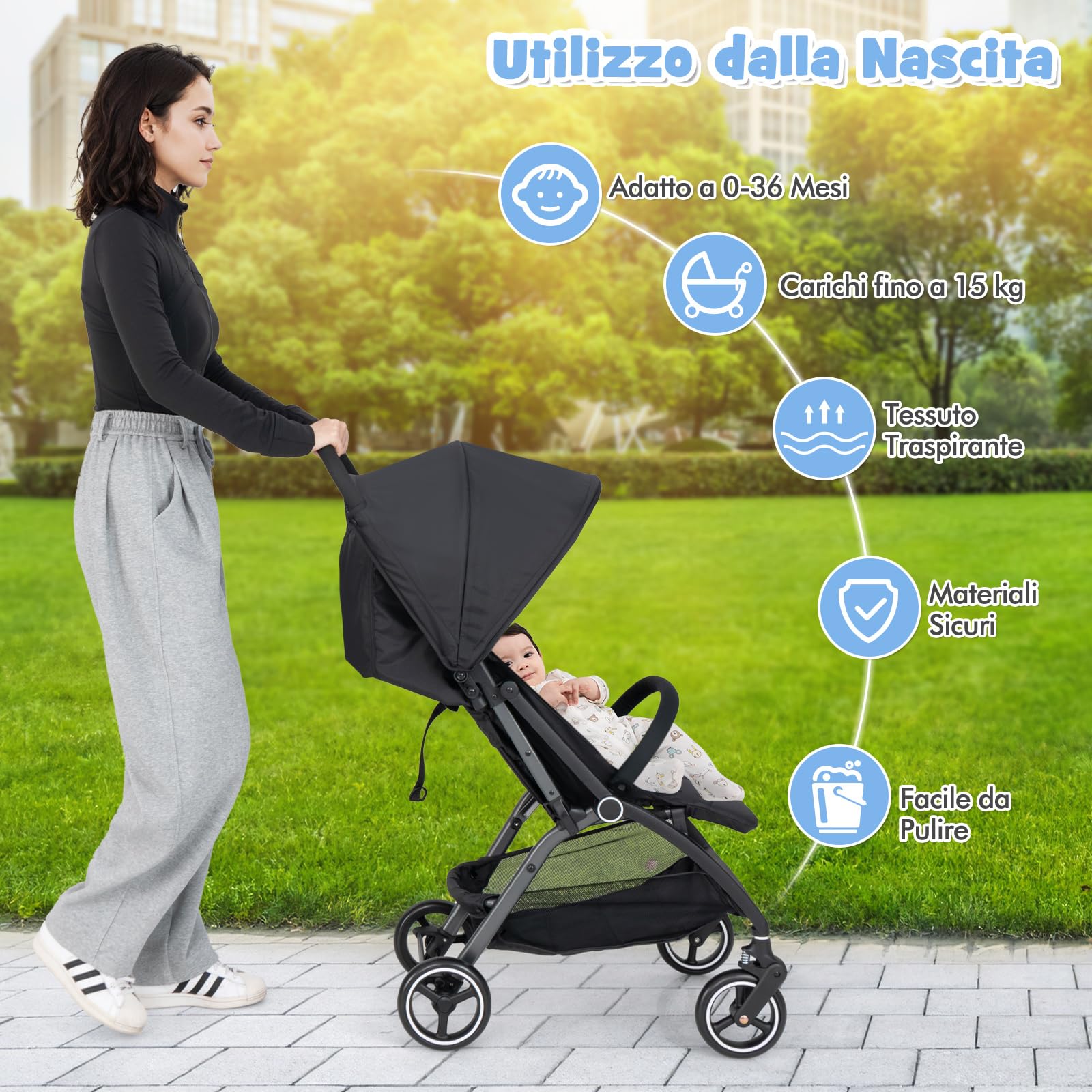 COSTWAY Passeggino Leggero per Bambini, Passeggino Pieghevole con Schienale Regolabile, Tettuccio, Cintura di Sicurezza a 5 Punti, Cestello Portaoggetti, per Bambini 0-36 Mesi (Nero)