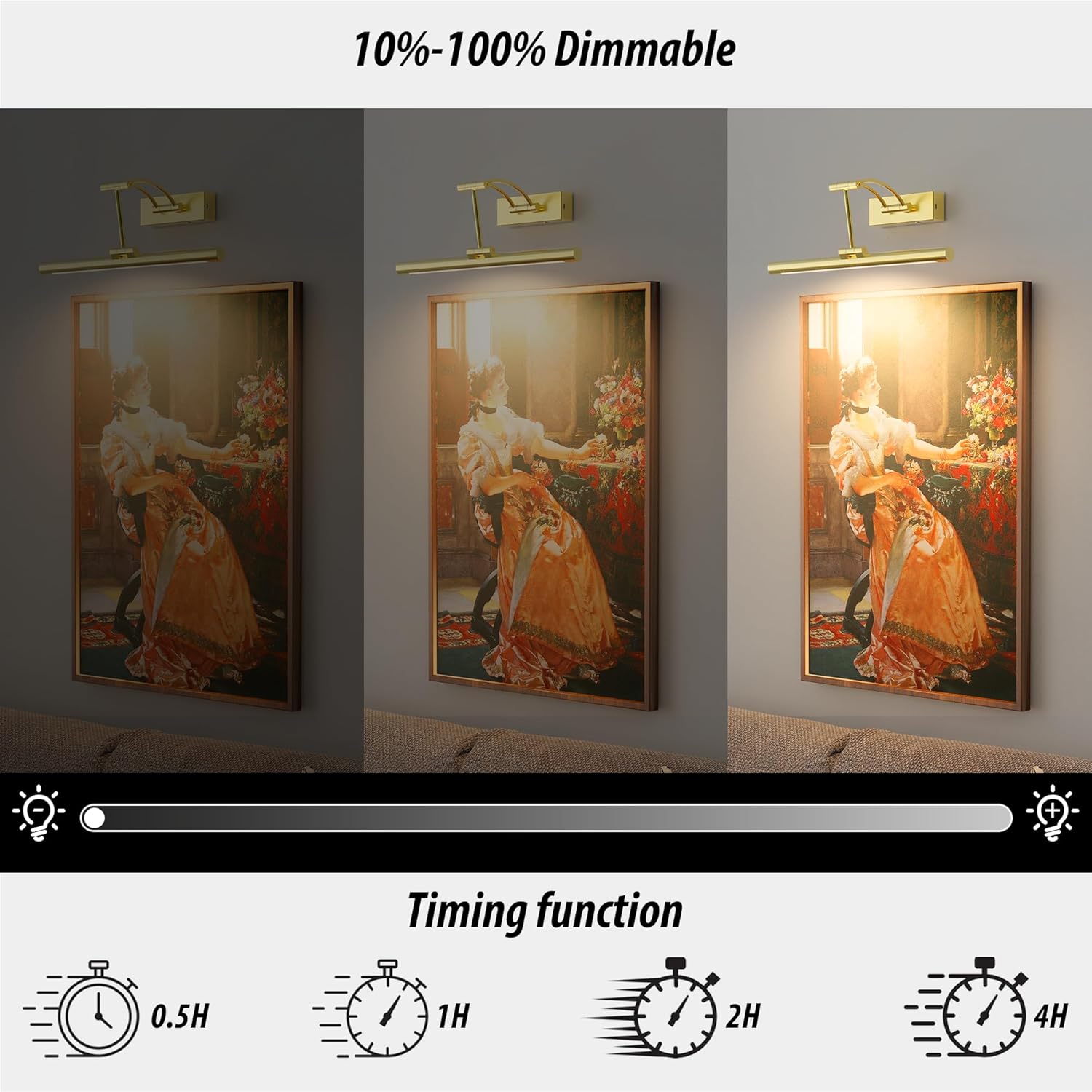 Brass Picture Light for Wall - 16inch Dimmable & Rechargeable Art Light with 25H Light Time, Angle Adjustable, 3 Color Temperatures Timer - Perfect for Paintings and Home Decor