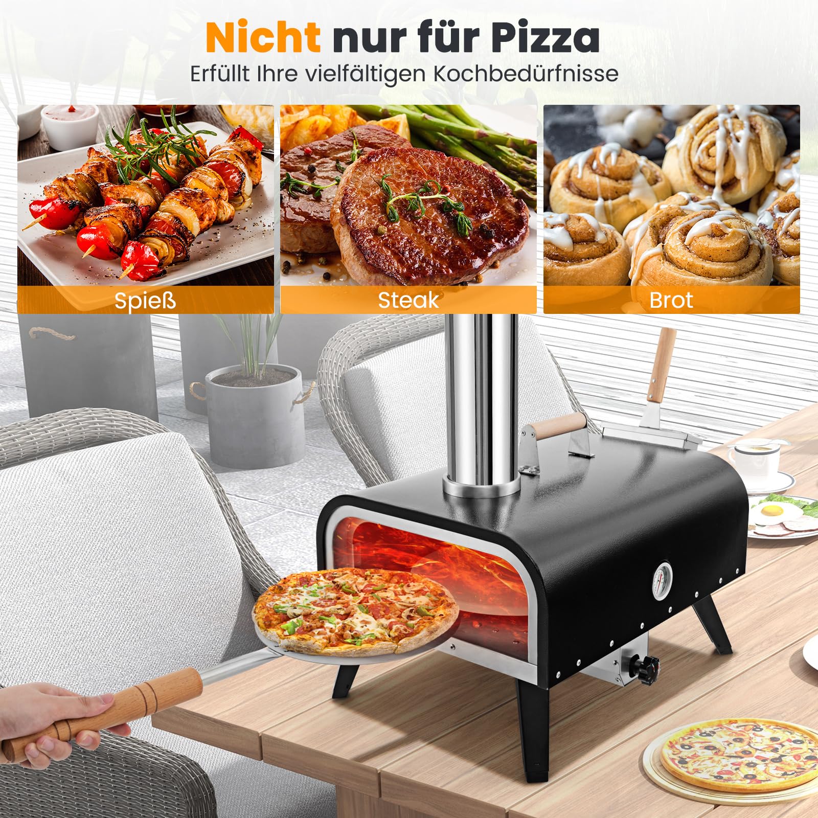 GYMAX Horno de Pizza para Exteriores, Multicombustible con Termómetro, Piedra y Pala para Pizza, Chimenea Ajustable, Horno de Acero Inoxidable 3 Capas, Portátil con Bolsa de Transporte