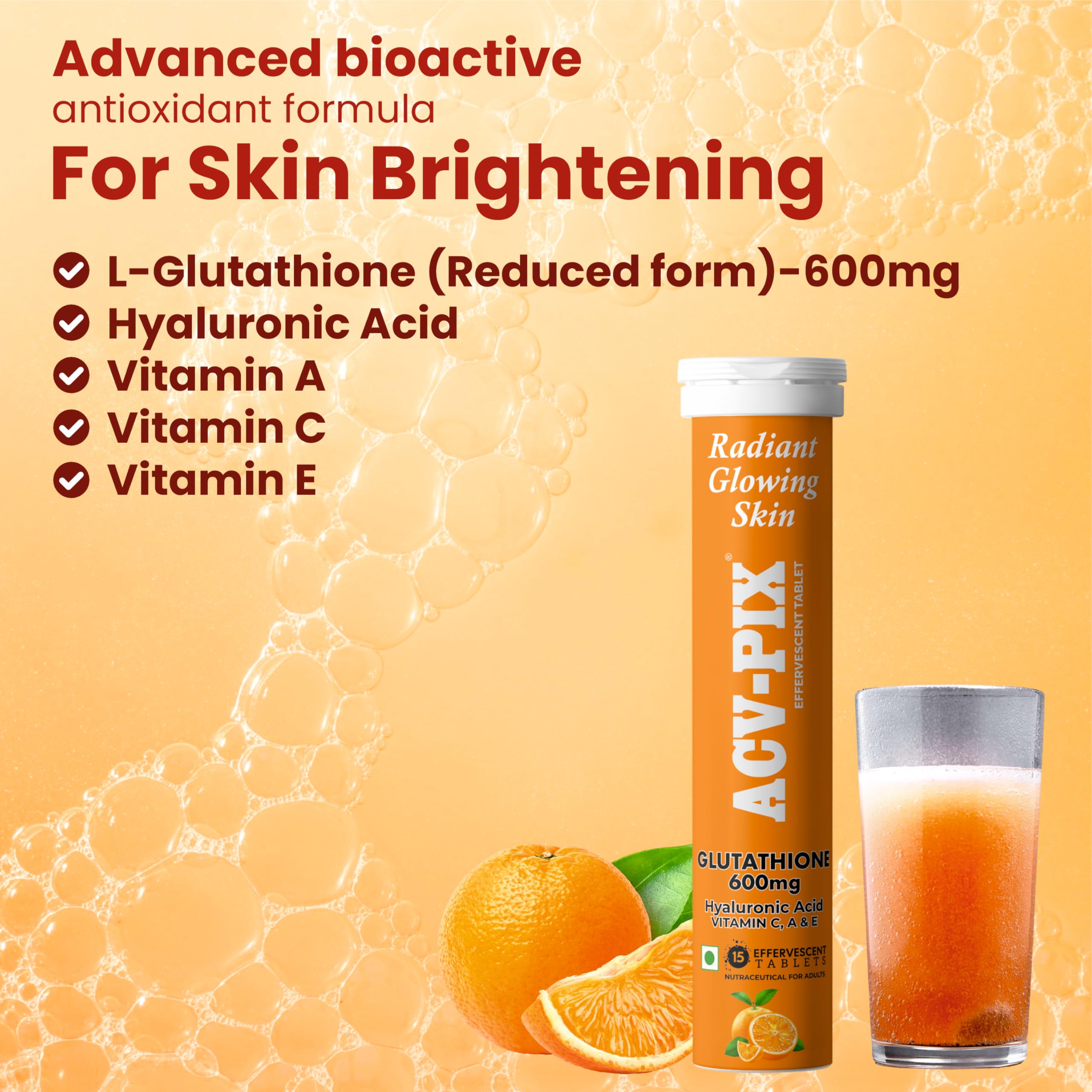 acv effervescent tablets with glutathione ACV-PIX L-Glutathione (reduce)600mg Hyaluronic Acid with Vitamin C, E, A  Effervescent Tablet for Glowing skin & Hydrated Skin Orange Flavour-15  Tablet
