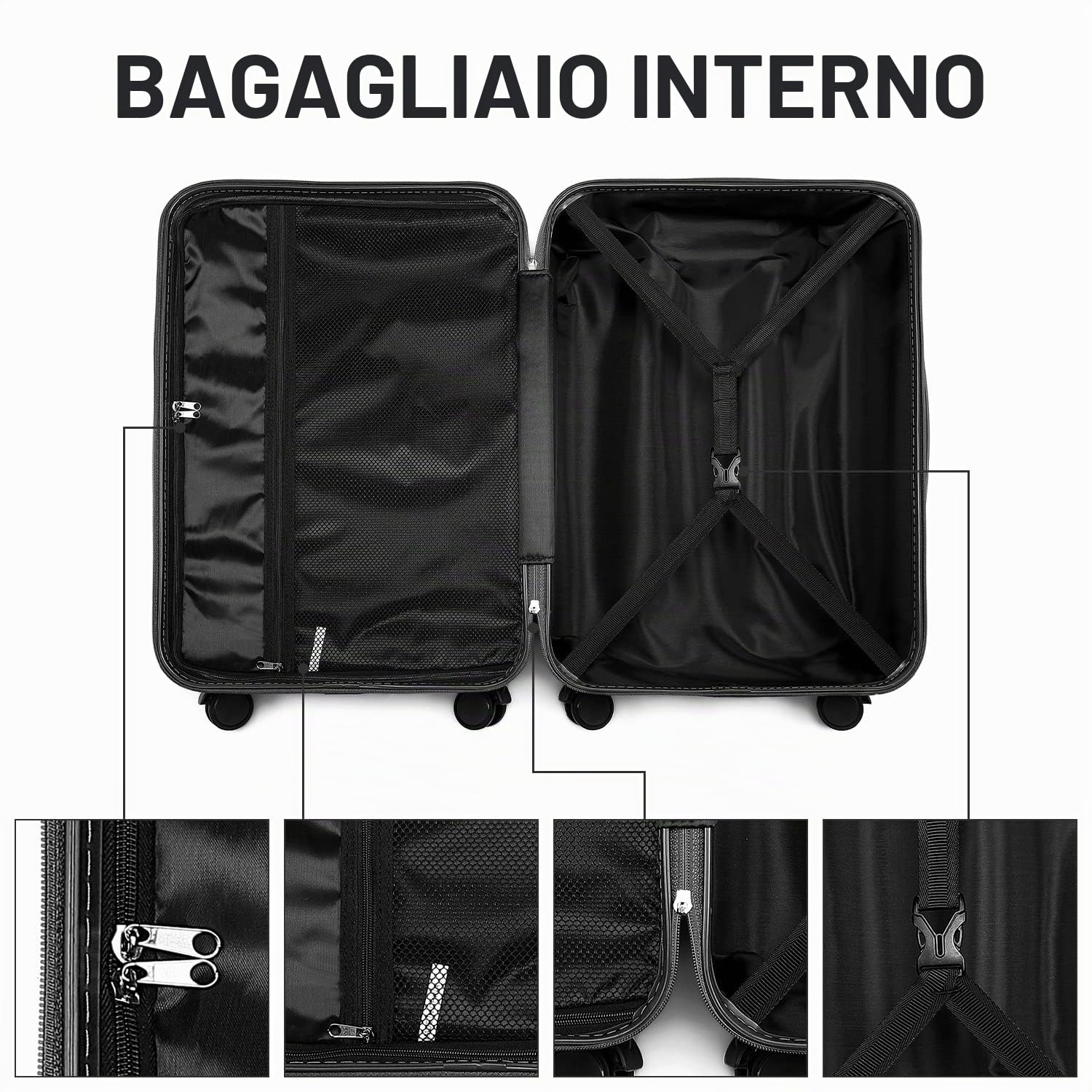 British Traveller Valigia Trolley Rigida Bagaglio a Mano da Viaggio ABS+PC Leggero con TSA Lucchetto (54cm,Nero)