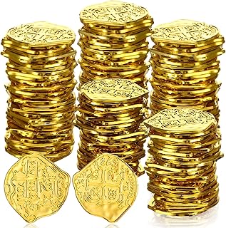 Hanaive 100 Pcs Pirate Coins Plastic Coins Kids Fake Play Coins Replica Spanish Doubloons St. Patrick's Coin for Pirate Party Treasure Chest Board Games Tokens Toys Cosplay (Gold,Irregular)