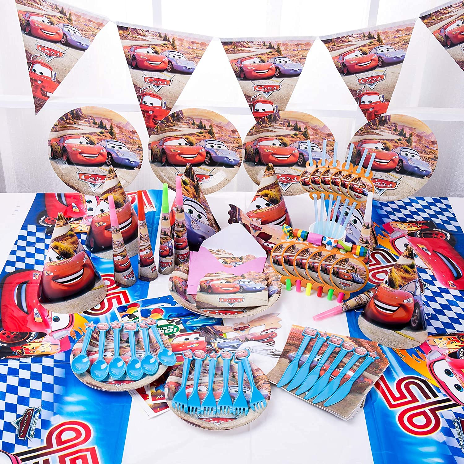 HIGHLAND 122 Pcs McQueen Theme Disposable Tableware for 10 Guests - McQueen car birthday decoration - McQueen birthday party decoration - Car birthday party decoration - car birthday party supplies