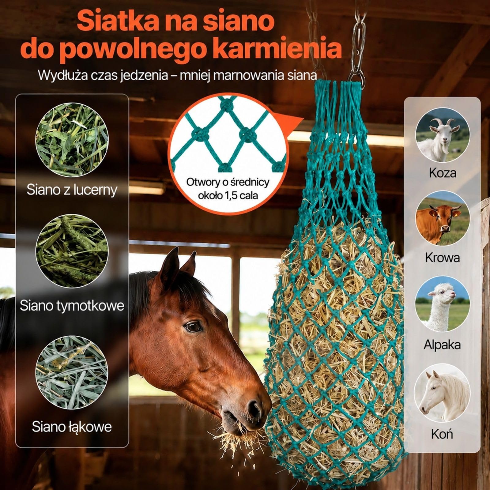 Siatki na siano, 4 sztuki, wiszące worki z materiału PE z czterema karabińczykami dla koni, owiec, bydła i alpak