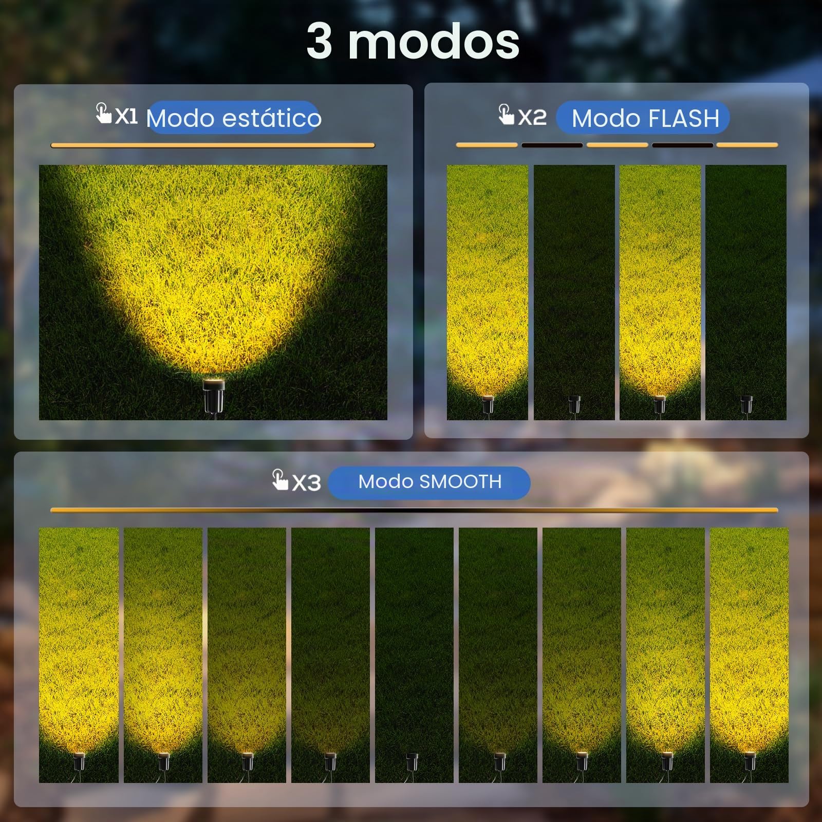 MEIHUA Luces Solares LED Exterior Jardin 2700K Blanco Cálido | Luz Solar 3 Brillo 3 Modos 6000MAH Lámparas IP66 Impermeable Focos Memoria Iluminación Para Patio Caminos Terraza 6 En 1