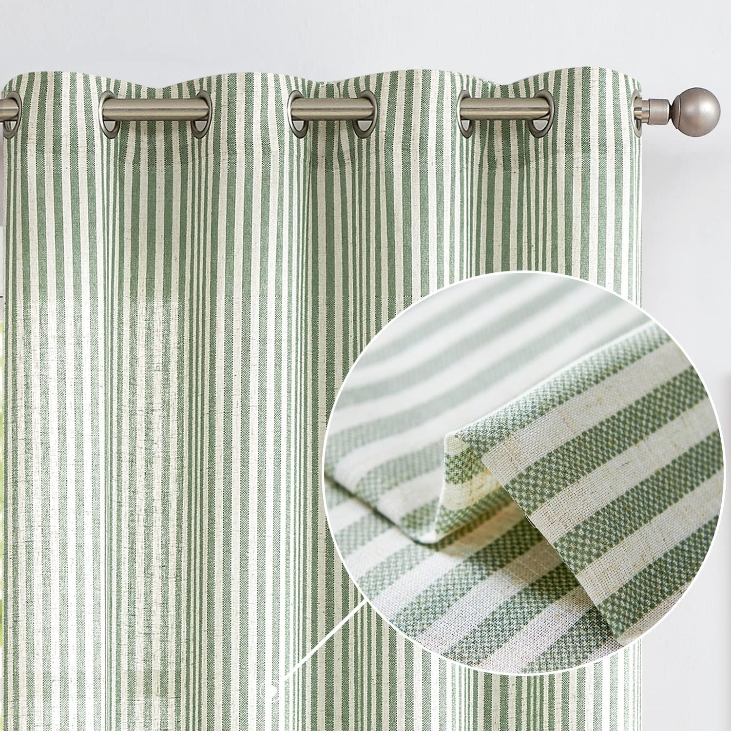 Vangao Linen Striped Curtains for Living Room Bedroom Farmhouse Tickingstripe Light Filtering Window Curtains Printed Drapes Grommet Top 2 Panels Green W50 x L84 Inch