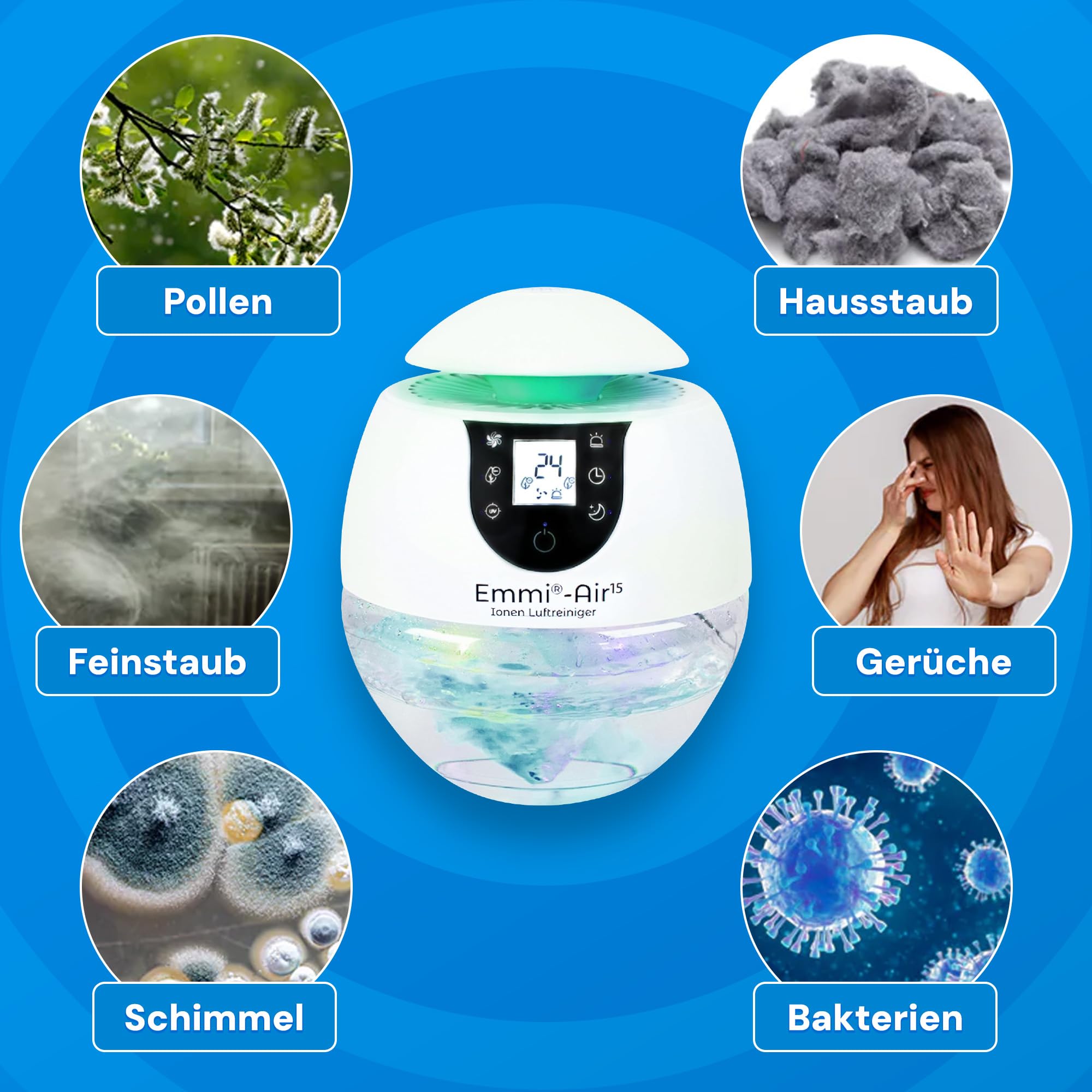 emmi-AIR Luftreiniger bis 35 m² I Leiser Air Purifier ohne Filter I Negative Ionentechnologie gegen Staub, Pollen & Gerüche I Luftreiniger für Allergiker I Energieeffizient & Wartungsfrei