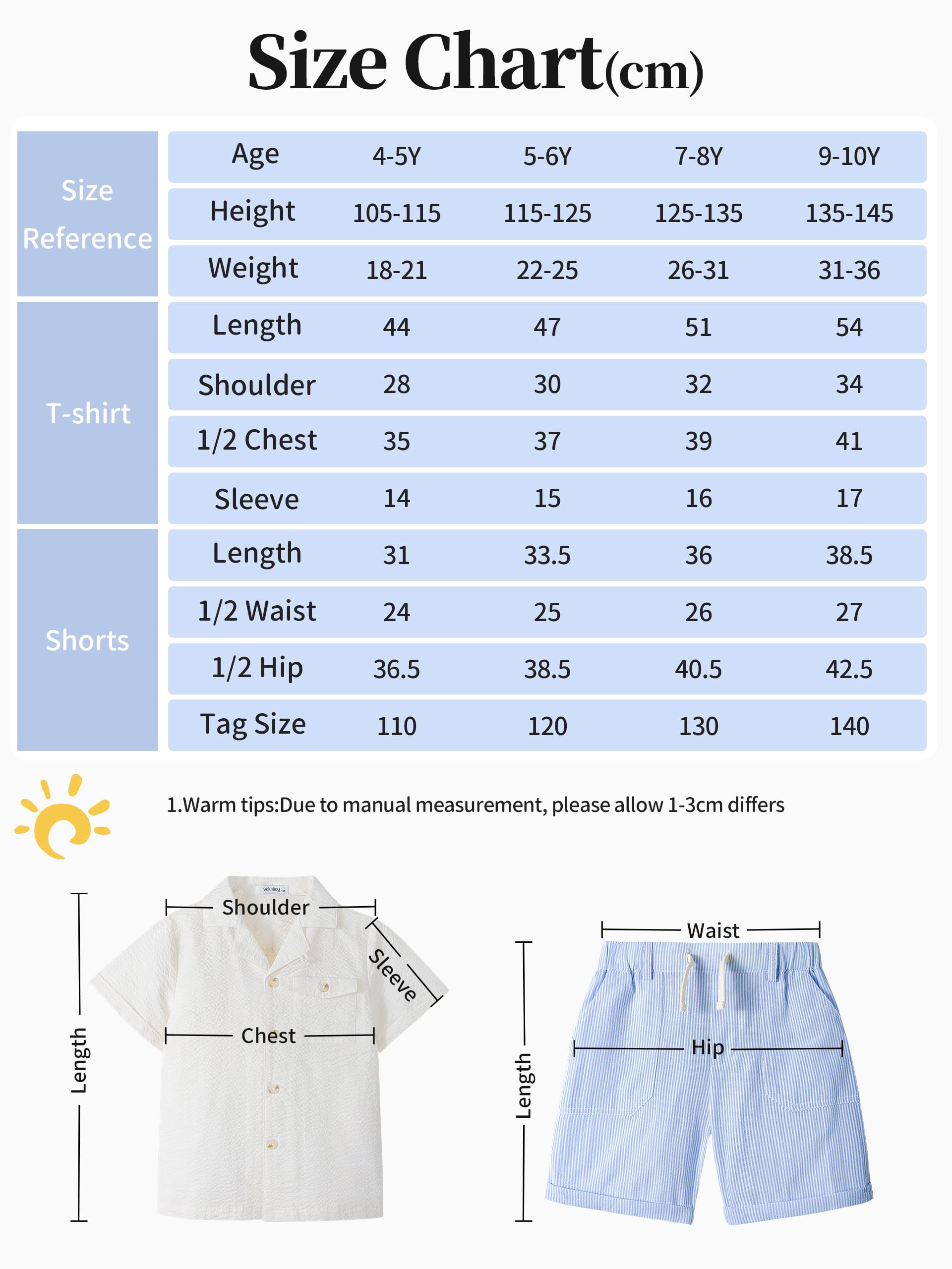 Volunboy Set Estivo Ragazzi Seersucker, Camicia a Bottoni con Colletto + Pantaloncini Vita Elastico,4-10 Anni