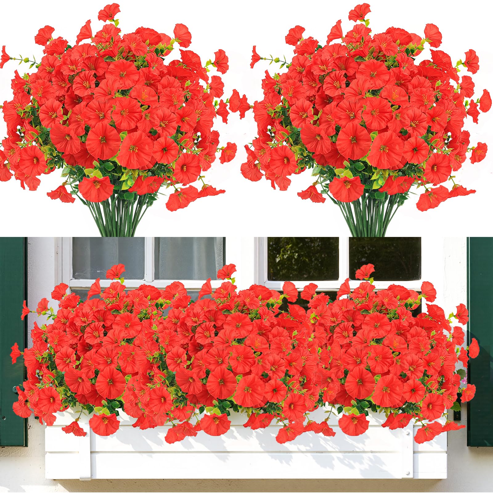 6 Bundles UV Resistant Artificial Flowers, Realistic Faux Plants for Garden, Red, Small