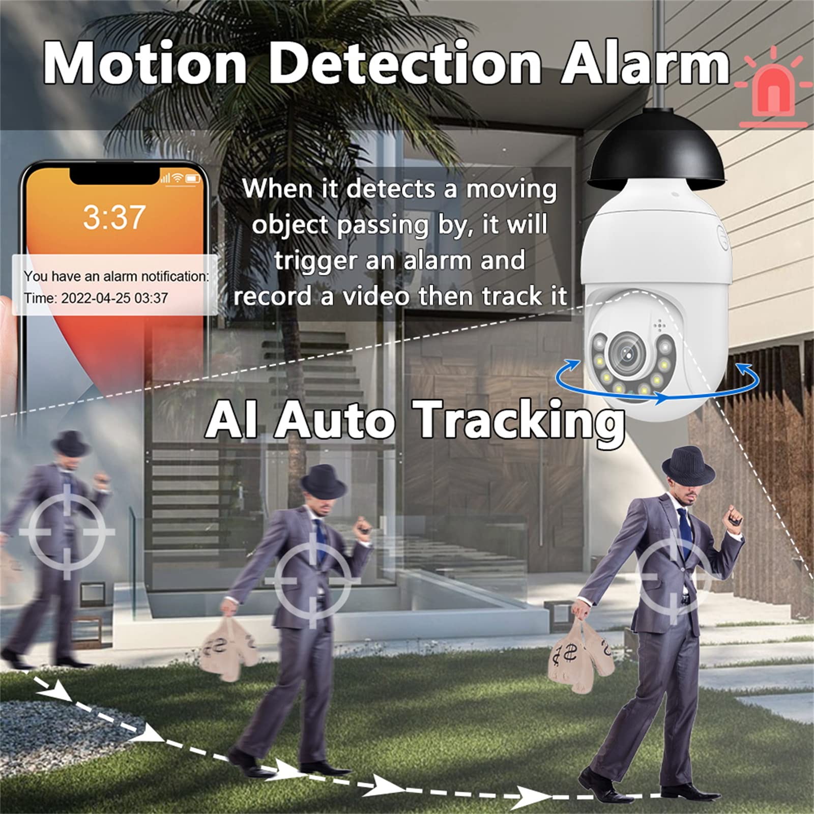 5MP E27 Ampoule Caméra De Surveillance Alexa Étanche Extérieur WIFI IP Caméra CCTV Suivi Automatique Couleur Vision Nocturne Conversation Bidirectionnelle Alarme De Mouvement PTZ,Add 64g card