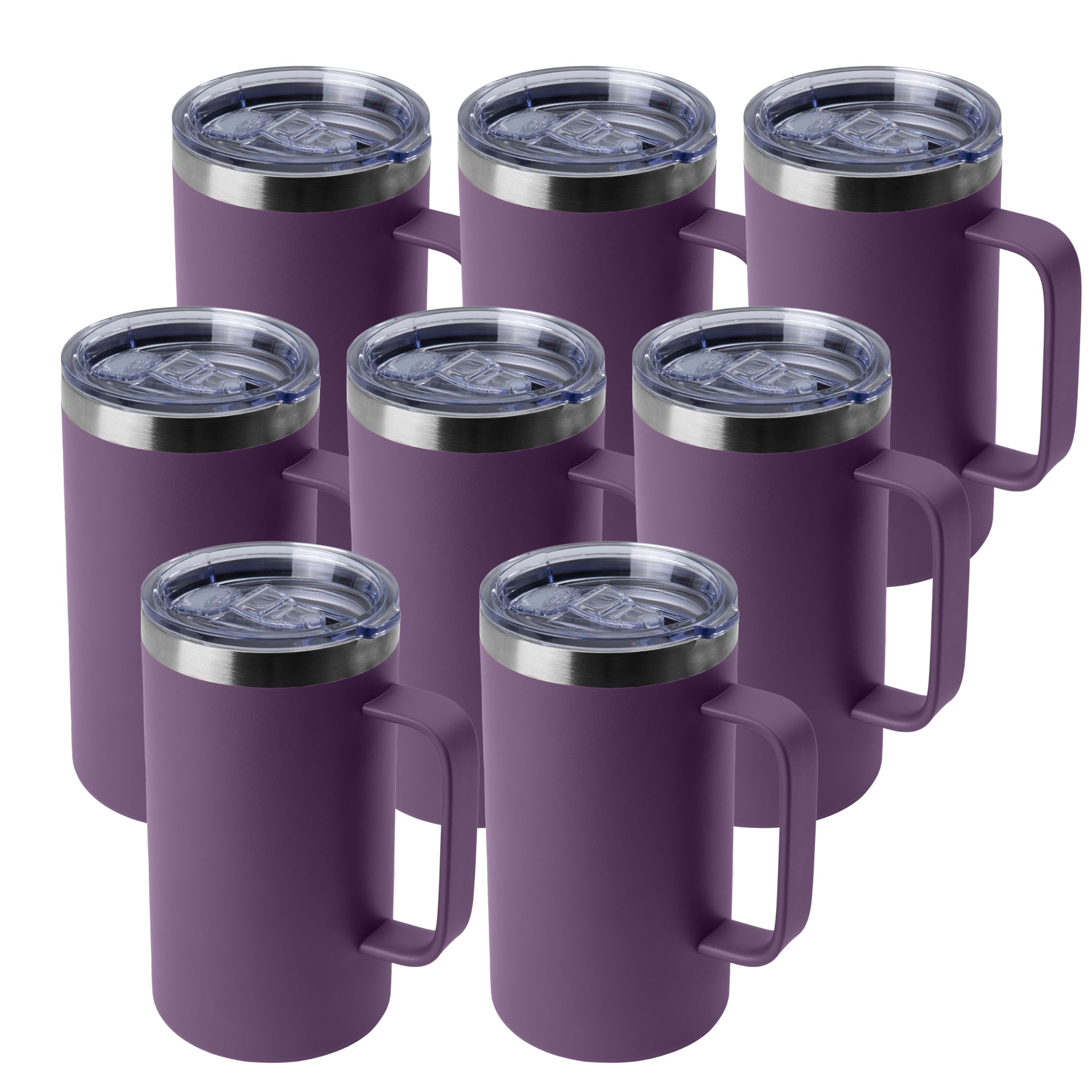 DOMICARE Taza de café de acero inoxidable de 24 onzas con asa y tapa, taza de viaje con asa, vaso de café al vacío de doble pared, taza aislada reutilizable, morado oscuro, paquete de 8
