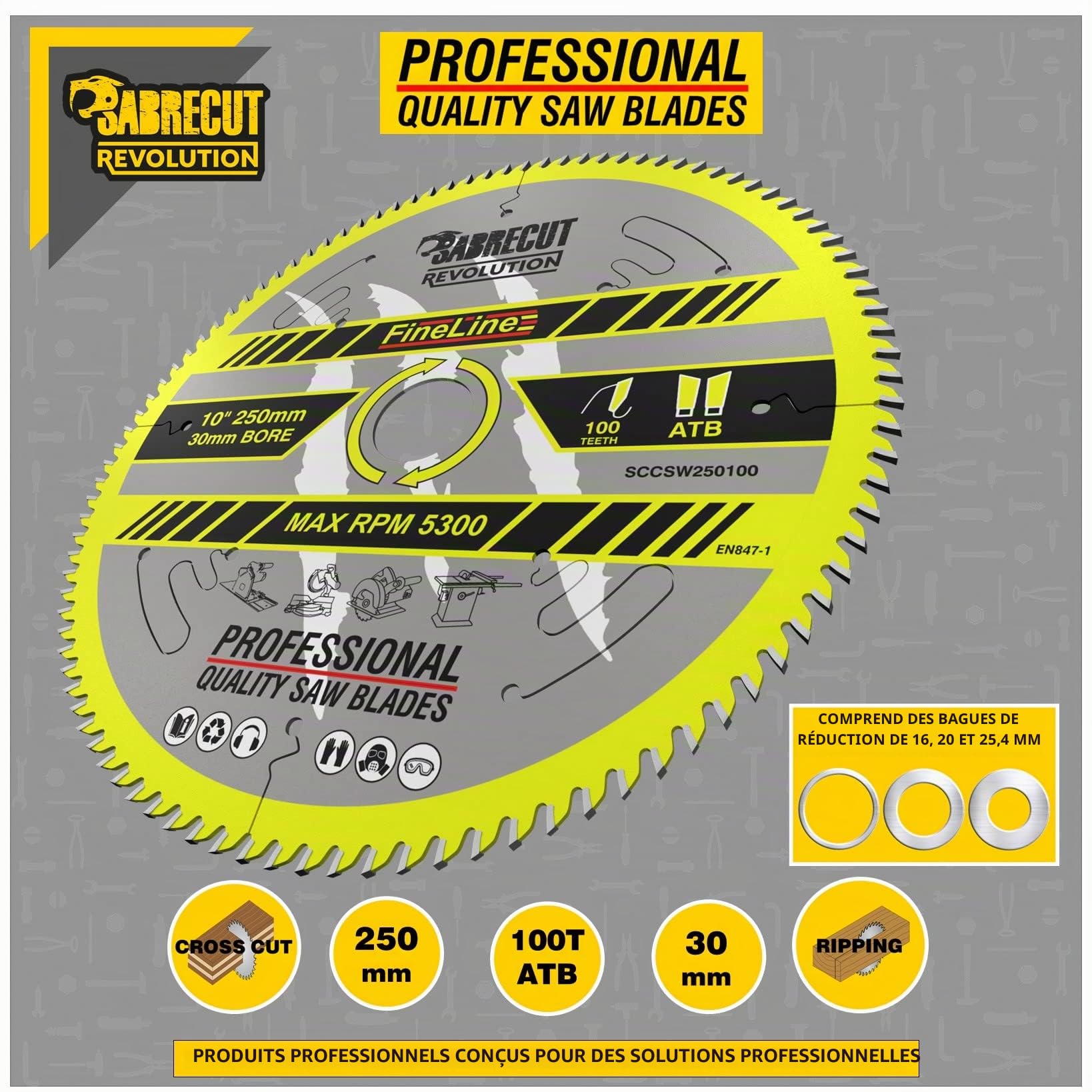 SabreCut 1pc SCCSW250100 250mm 100T 30mm Alésage Bois Lame circulaire TCT | Pointes carbure allemandes pour coupe précise, casse réduite et longue durée de vie