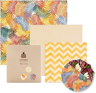 SuperBee 蜜蝋ラップ 3枚セット｜野菜・チーズ・ボウル・サンドイッチ用 再利用可能な食品用ラップ｜トロピカル柄のサステナブルなワックスペーパー