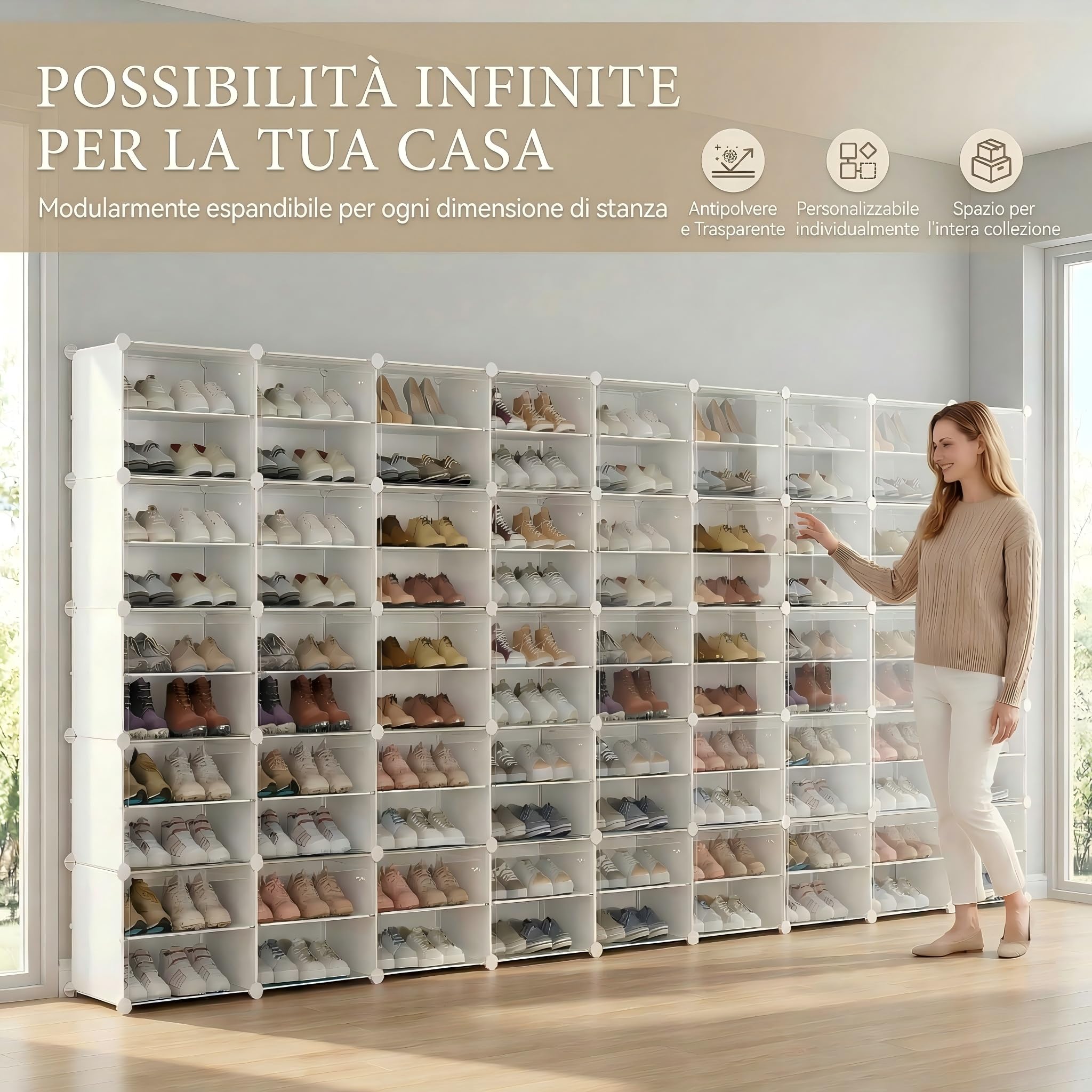 Scarpiera salvaspazio a 44 scomparti con porta, scarpiera modulare in plastica chiusa bianca, mobile per scarpe ingresso fai da te per corridoio camera da letto