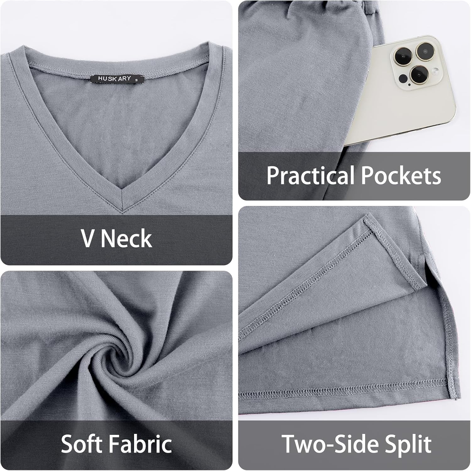 HUSKARY Women Summer Casual Midi Dresses Short Sleeve V Neck Drawstring Knee Length T Shirt Dress with Split and Pocket - Image 5