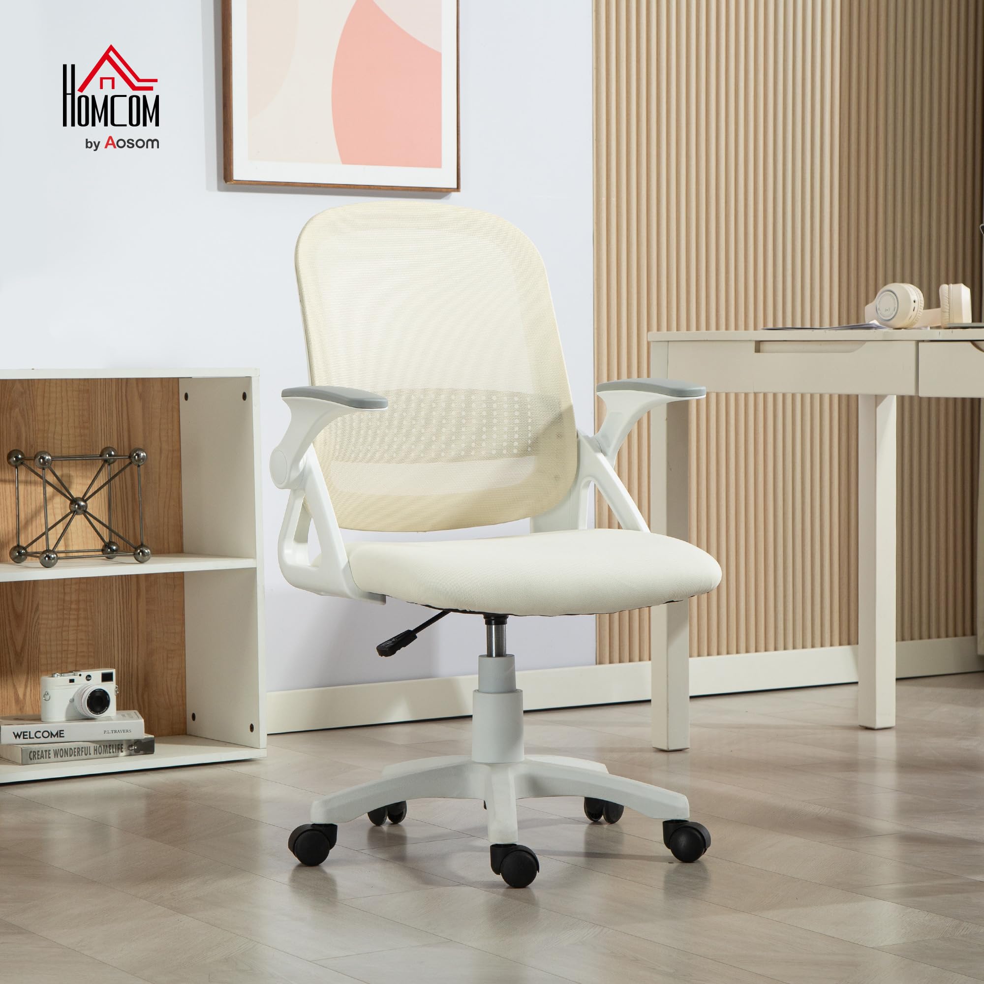 HOMCOM Bürostuhl mit Aufklappbarer Armlehne Lendenwirbelstütze Weiß | Ergonomischer Schreibtischstuhl, Höhenverstellbarer Drehstuhl mit Wippfunktion, Netzbespannung, Computerstuhl