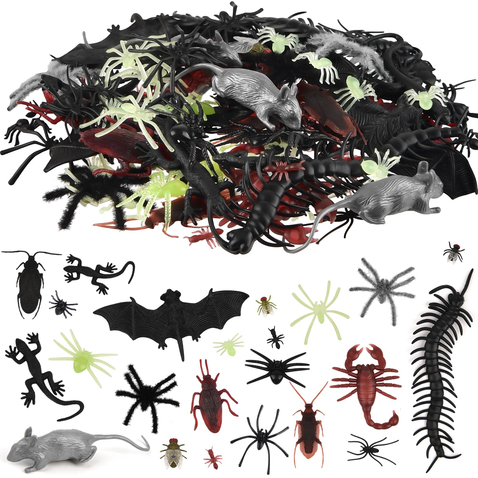 PLULON 150 Pcs Realistic Bugs Spiders Cockroaches Centipedes Scorpions Flies Insects Prank Box for Halloween Party Supplies, Plastic Trick Joke Toys April Fool's Day Pranks Kit Bug Party Decorations